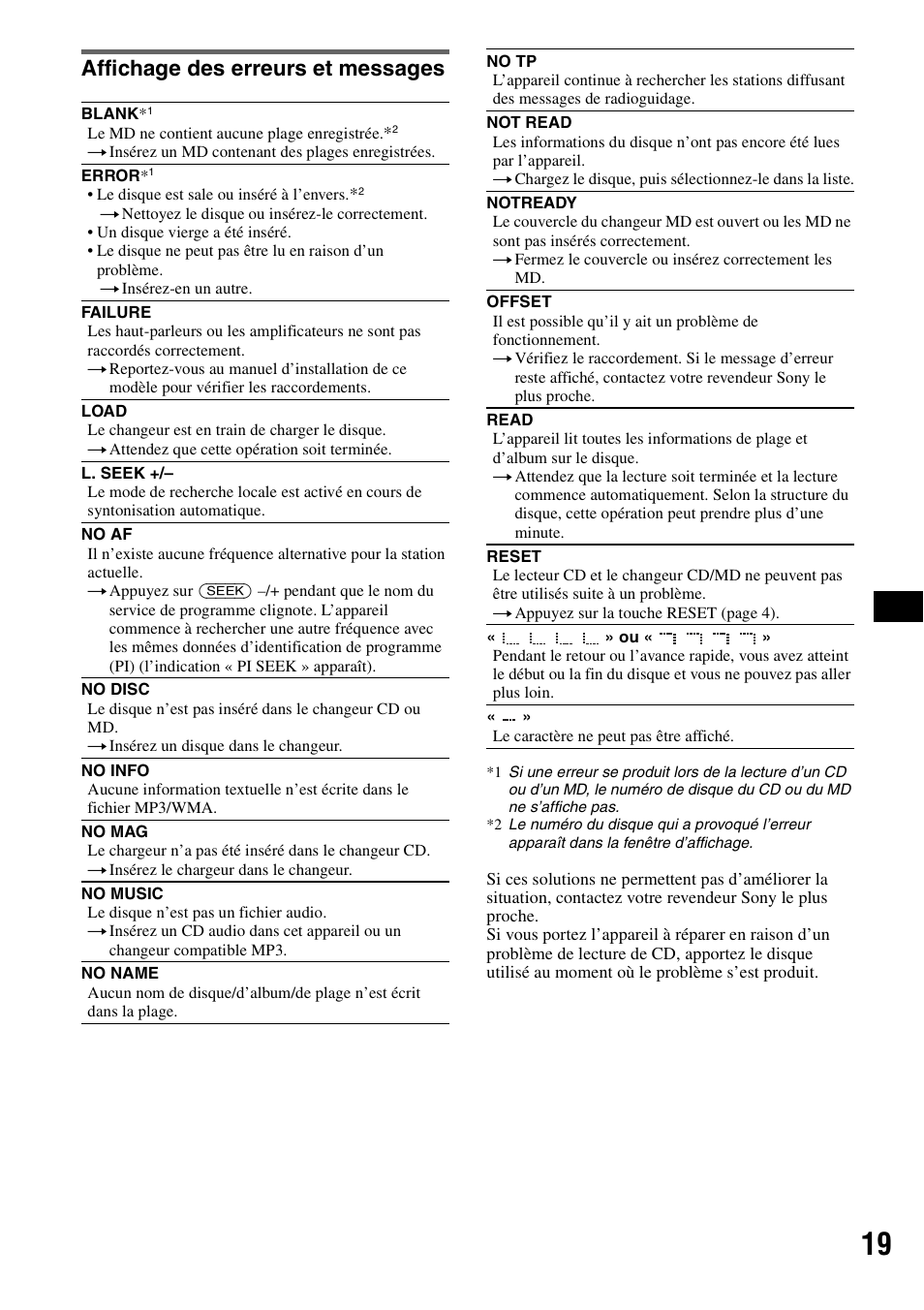 Affichage des erreurs et messages | Sony CDX-GT310 User Manual | Page 57 / 96