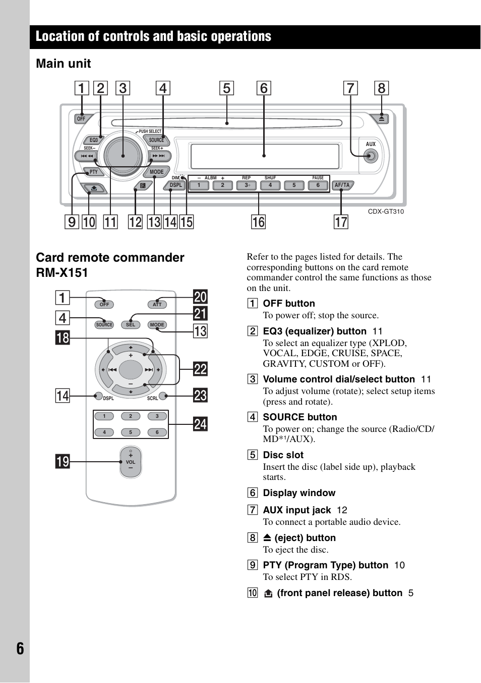 Location of controls and basic operations, Main unit, Card remote commander rm-x151 | Main unit card remote commander rm-x151, Qa qd q; 9 qs qfqg, 4wa qd 1 wd qk qf w; ql wf ws | Sony CDX-GT310 User Manual | Page 6 / 96