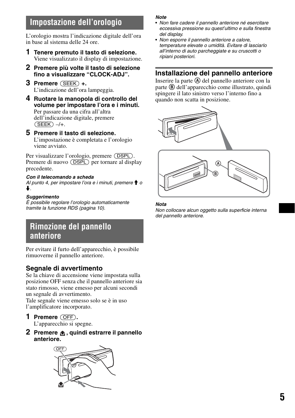 Impostazione dell’orologio, Rimozione del pannello anteriore, Installazione del pannello anteriore | Sony CDX-GT310 User Manual | Page 61 / 96