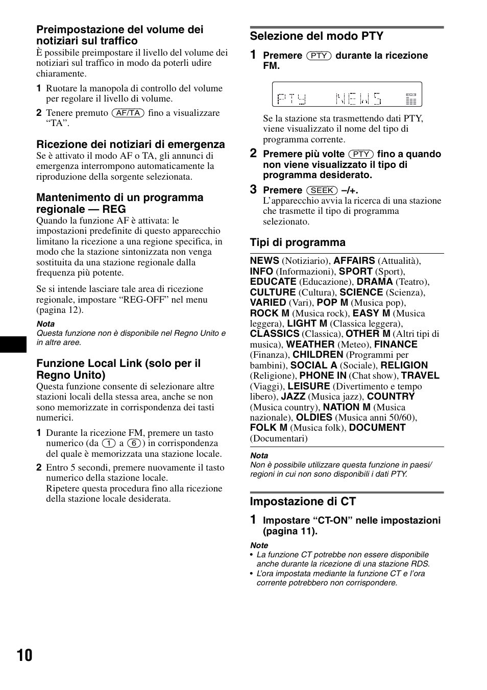 Selezione del modo pty, Impostazione di ct, Selezione del modo pty impostazione di ct | Sony CDX-GT310 User Manual | Page 66 / 96