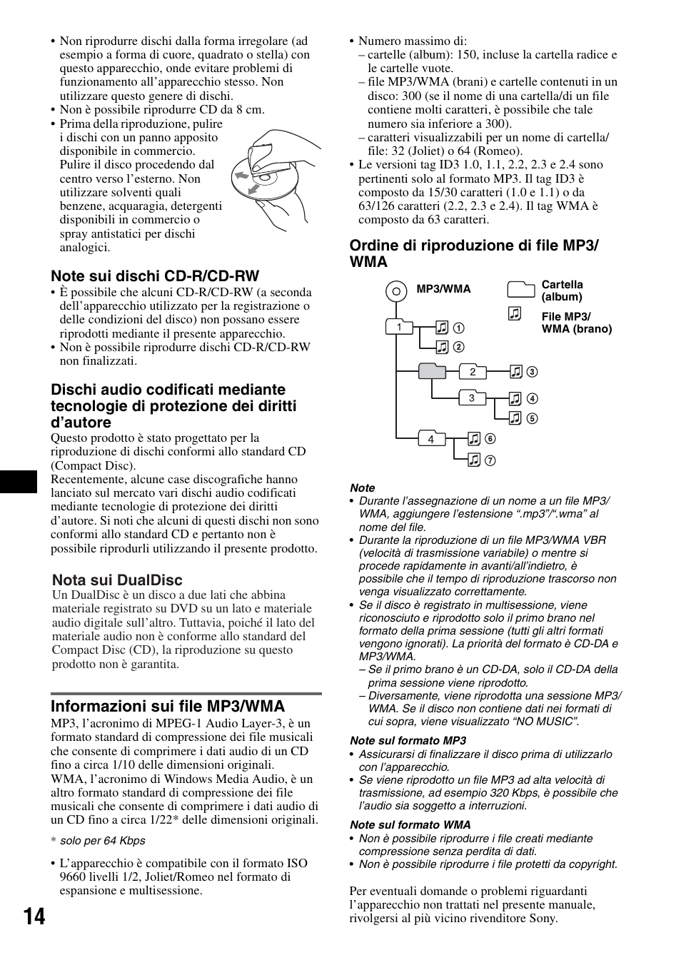 Informazioni sui file mp3/wma, Ordine di riproduzione di file mp3/ wma, Nota sui dualdisc | Sony CDX-GT310 User Manual | Page 70 / 96