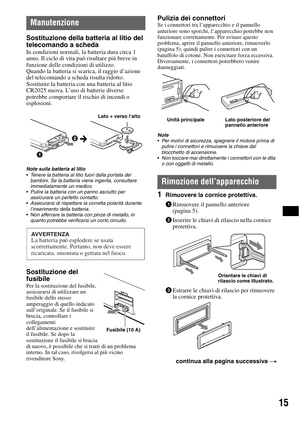 Manutenzione, Rimozione dell’apparecchio, Manutenzione rimozione dell’apparecchio | Sony CDX-GT310 User Manual | Page 71 / 96