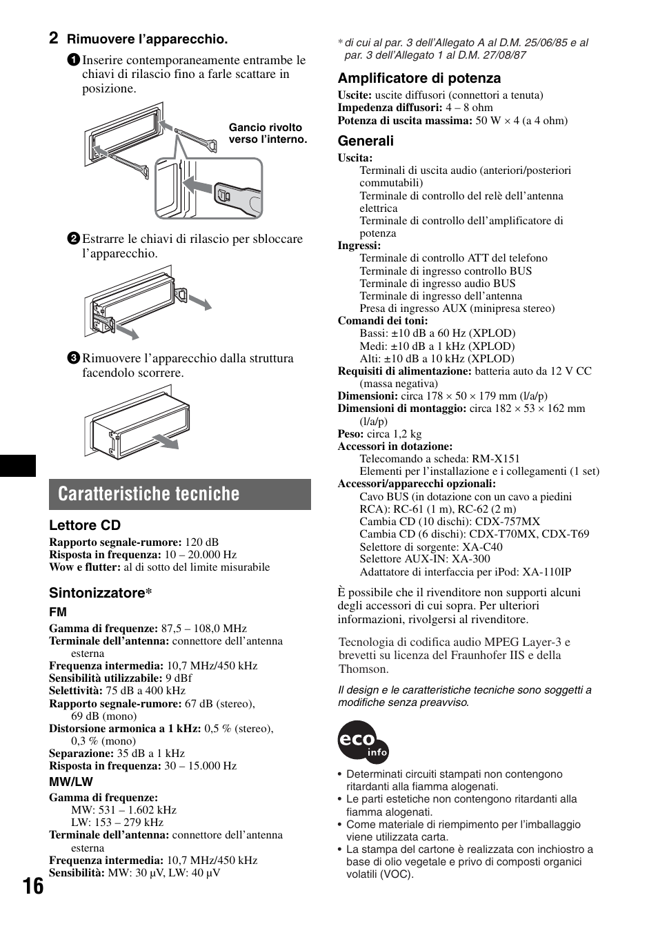 Caratteristiche tecniche | Sony CDX-GT310 User Manual | Page 72 / 96