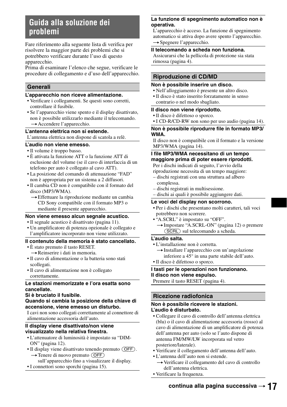 Guida alla soluzione dei problemi | Sony CDX-GT310 User Manual | Page 73 / 96