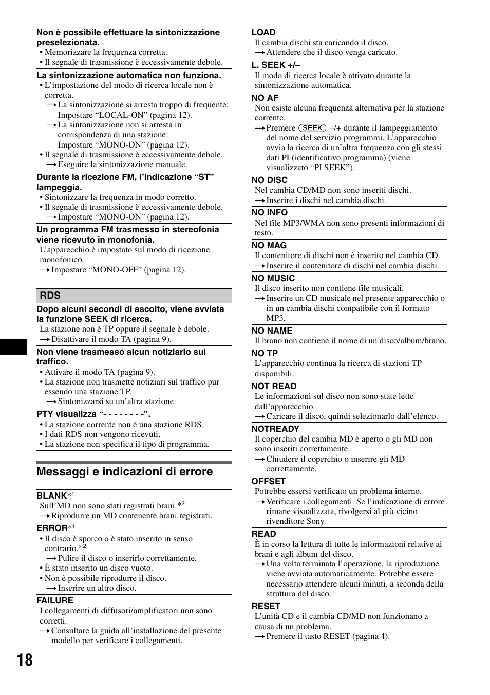 Messaggi e indicazioni di errore | Sony CDX-GT310 User Manual | Page 74 / 96