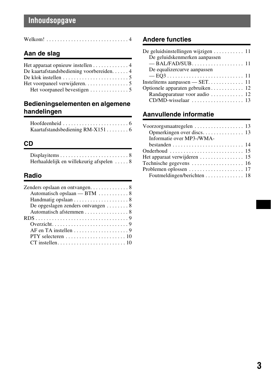 Inhoudsopgave | Sony CDX-GT310 User Manual | Page 77 / 96