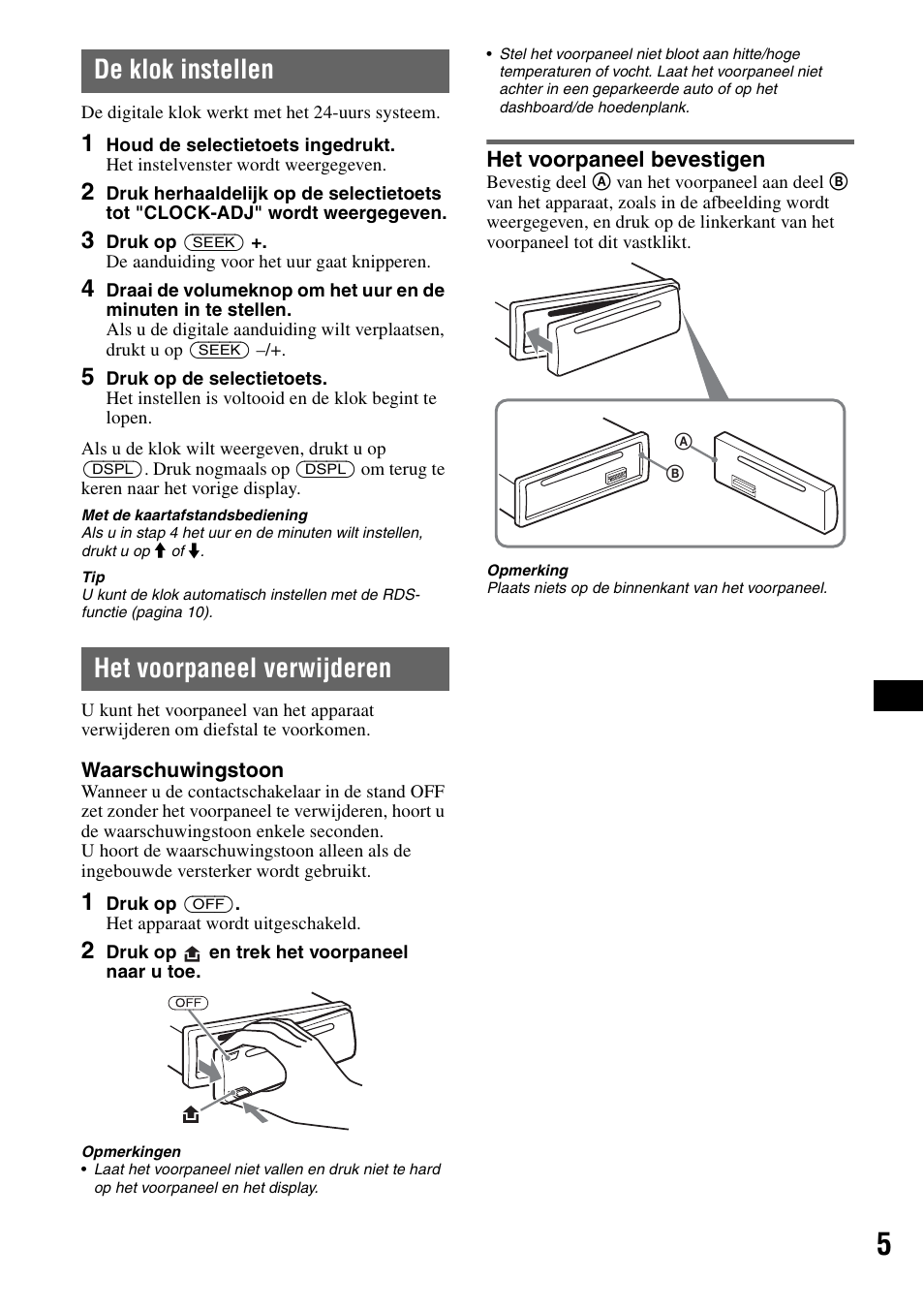 De klok instellen, Het voorpaneel verwijderen, Het voorpaneel bevestigen | De klok instellen het voorpaneel verwijderen | Sony CDX-GT310 User Manual | Page 79 / 96