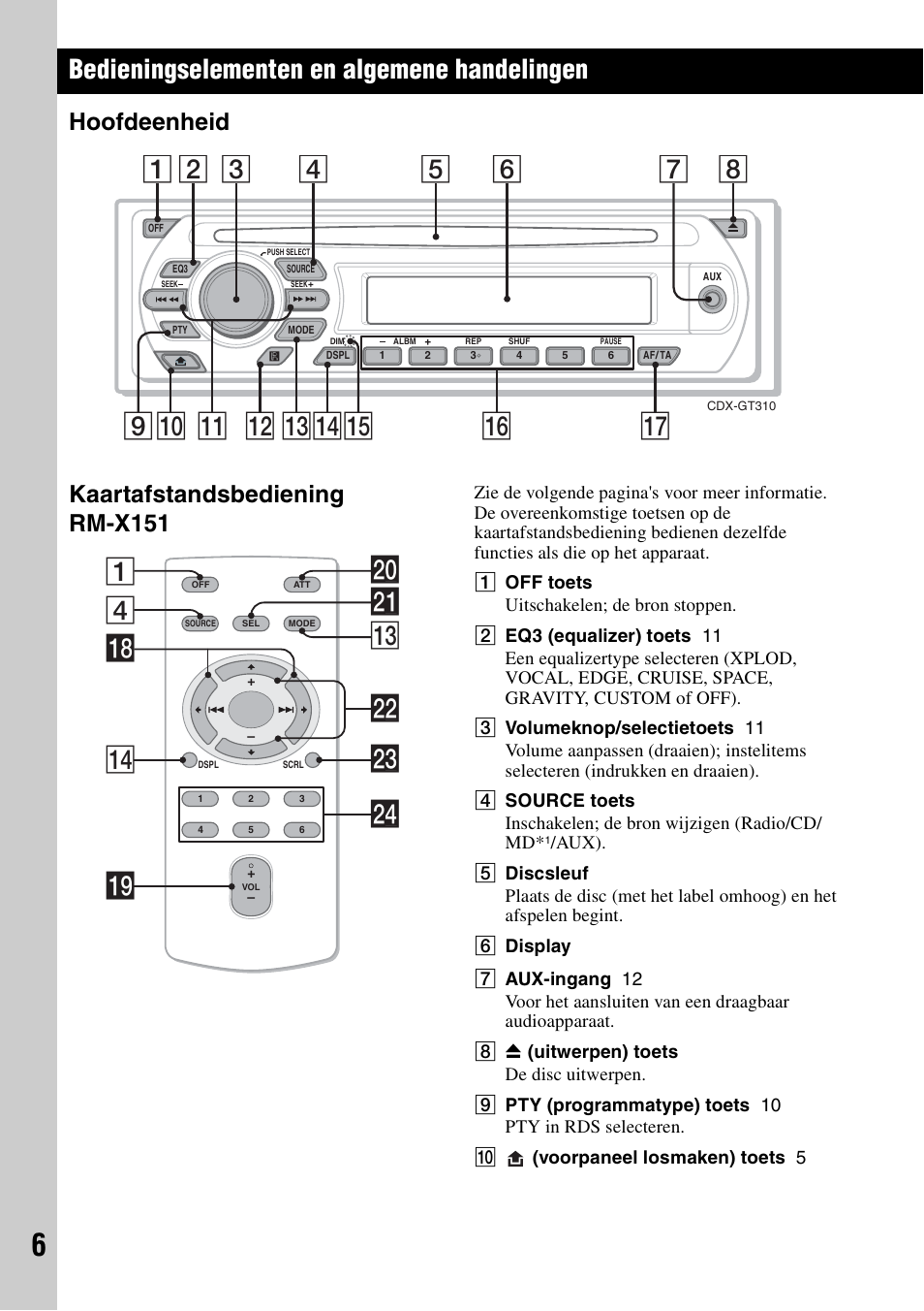 Bedieningselementen en algemene handelingen, Hoofdeenheid, Kaartafstandsbediening rm-x151 | Hoofdeenheid kaartafstandsbediening rm-x151, Qa qd q; 9 qs qfqg, 4wa qd 1 wd qk qf w; ql wf ws | Sony CDX-GT310 User Manual | Page 80 / 96