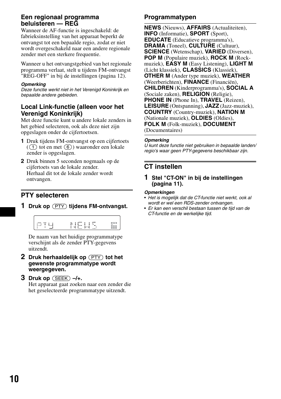 Pty selecteren, Ct instellen, Pty selecteren ct instellen | Sony CDX-GT310 User Manual | Page 84 / 96