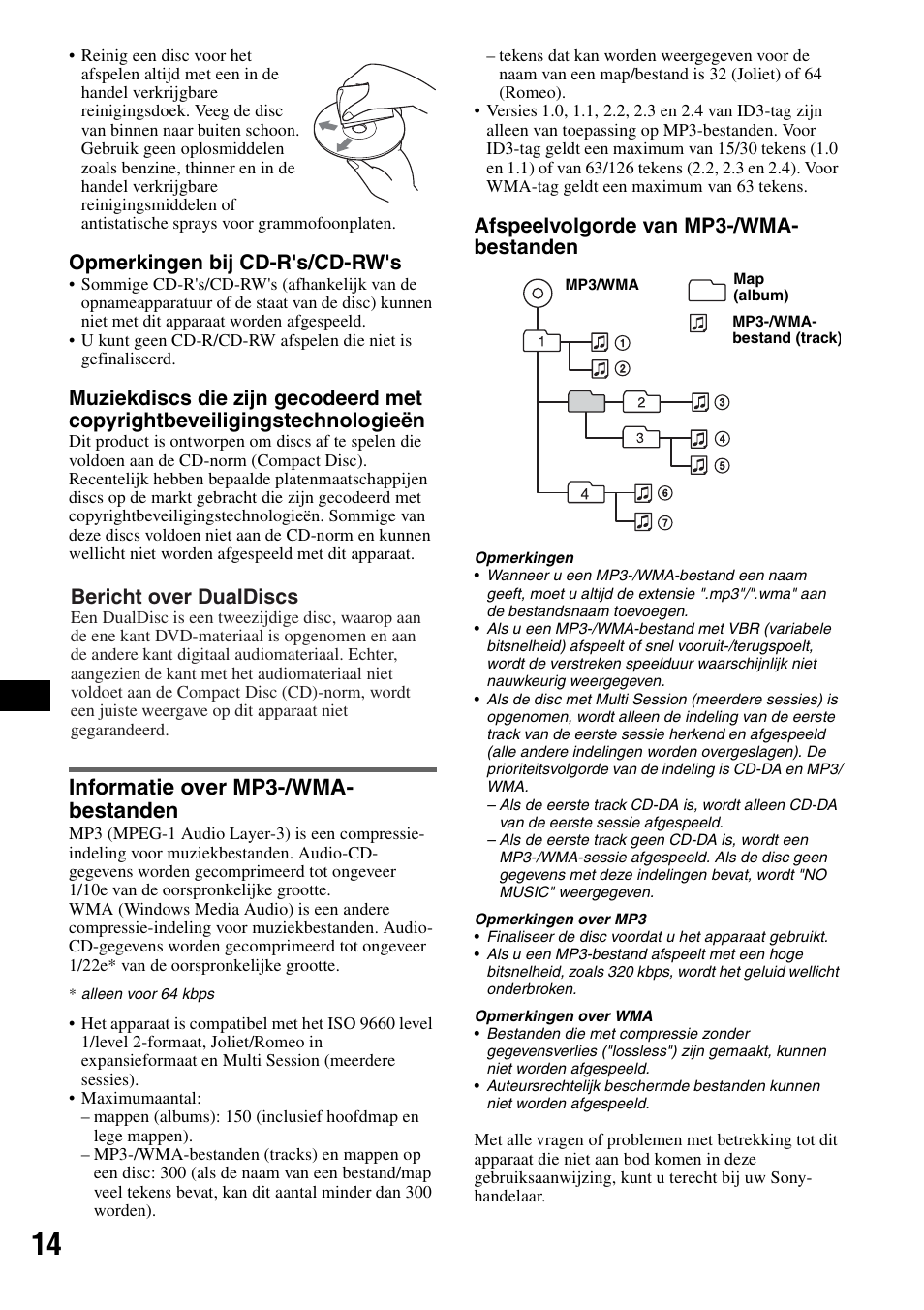 Informatie over mp3-/wma- bestanden, Informatie over mp3-/wma, Bestanden | Opmerkingen bij cd-r's/cd-rw's, Afspeelvolgorde van mp3-/wma- bestanden, Bericht over dualdiscs | Sony CDX-GT310 User Manual | Page 88 / 96