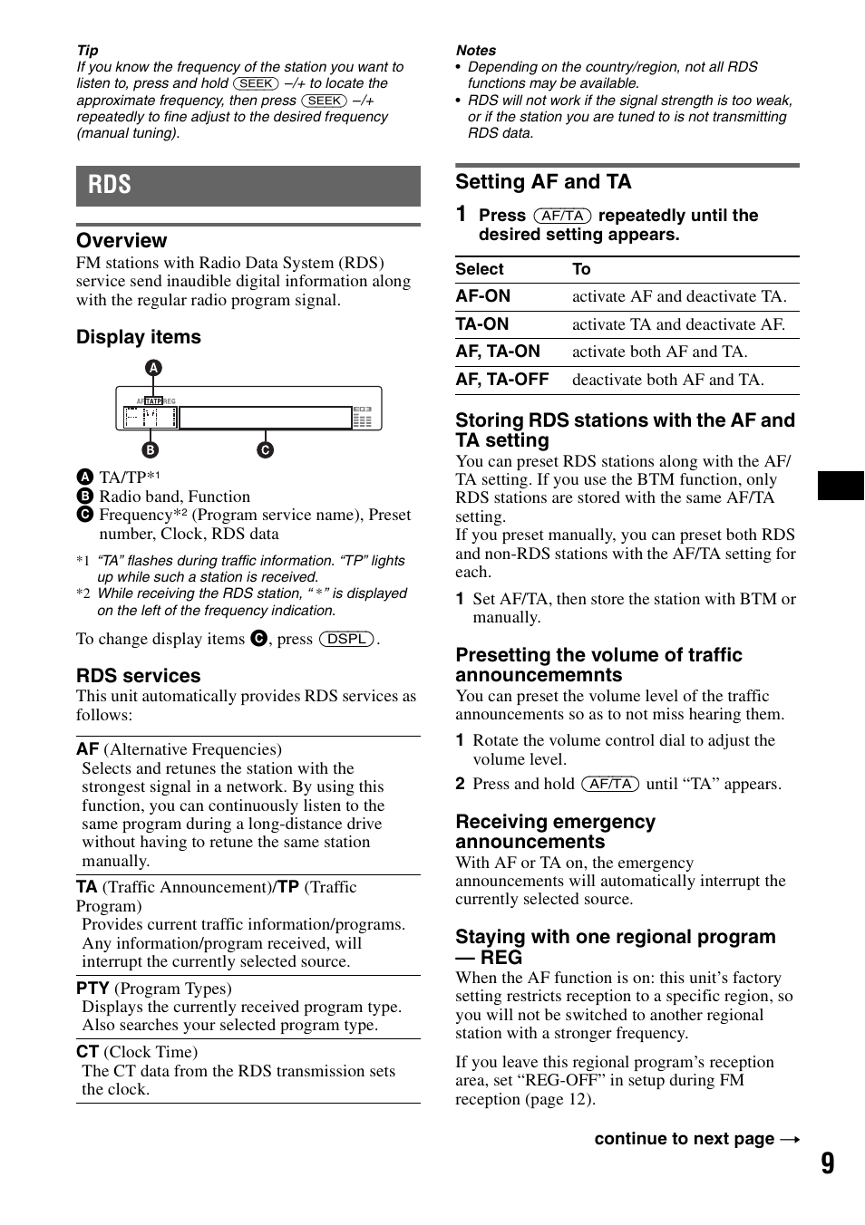 Overview, Setting af and ta, Overview setting af and ta | Sony CDX-GT310 User Manual | Page 9 / 96