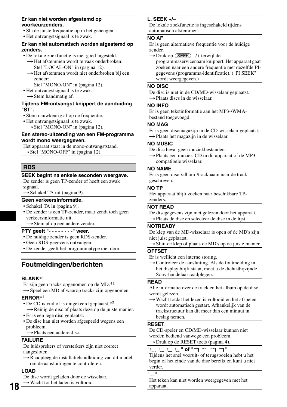 Foutmeldingen/berichten | Sony CDX-GT310 User Manual | Page 92 / 96