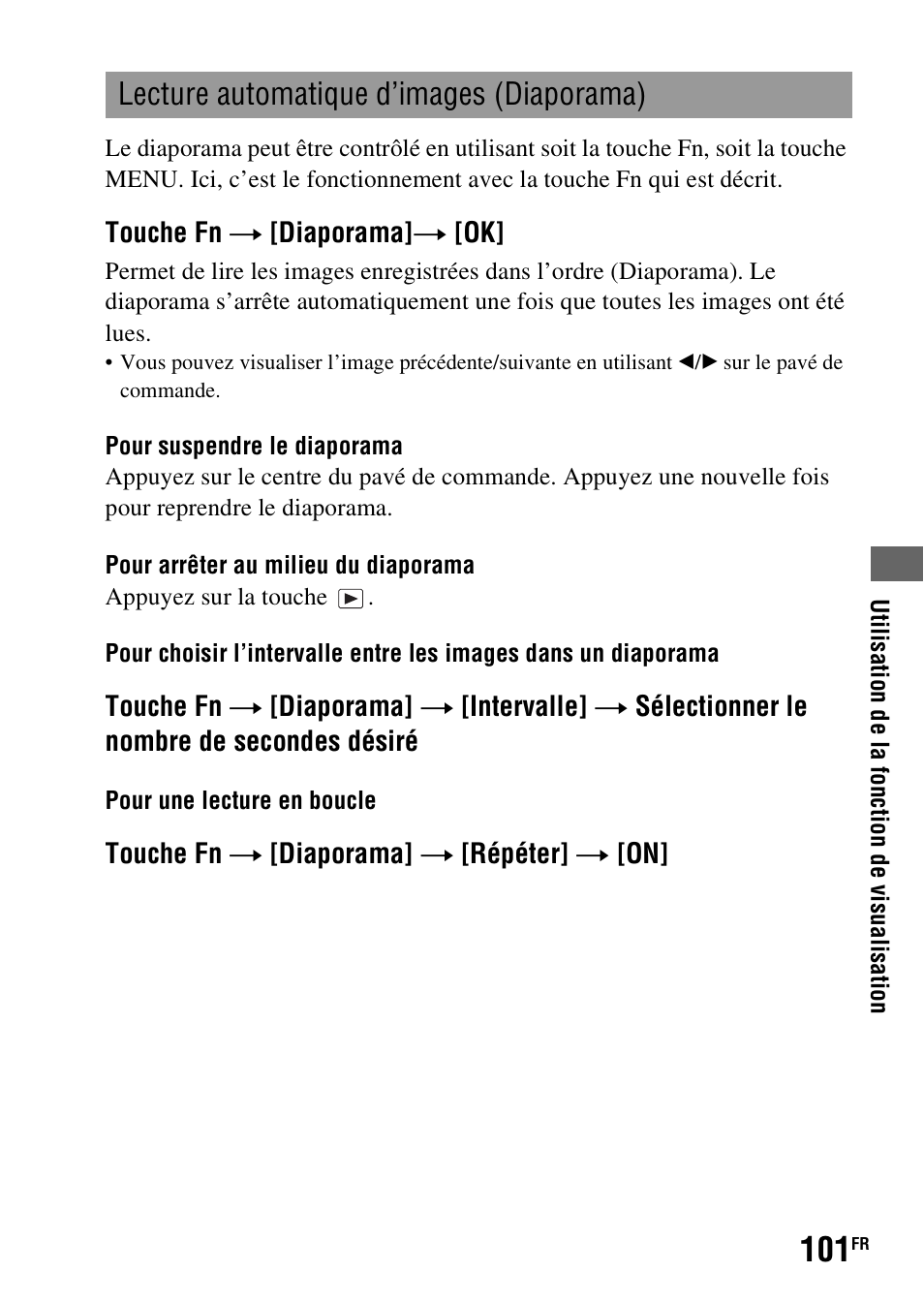 A (101), Lecture automatique d’images (diaporama), Touche fn t [diaporama] t [ok | Touche fn t [diaporama] t [répéter] t [on | Sony DSLR-A290 User Manual | Page 101 / 343