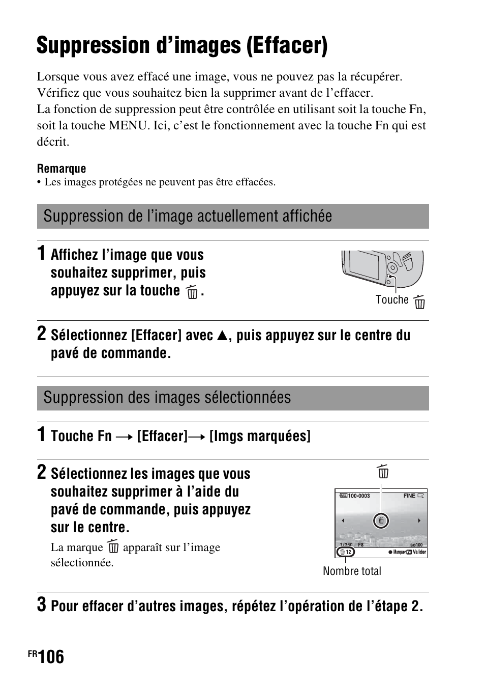 Suppression d’images (effacer) | Sony DSLR-A290 User Manual | Page 106 / 343