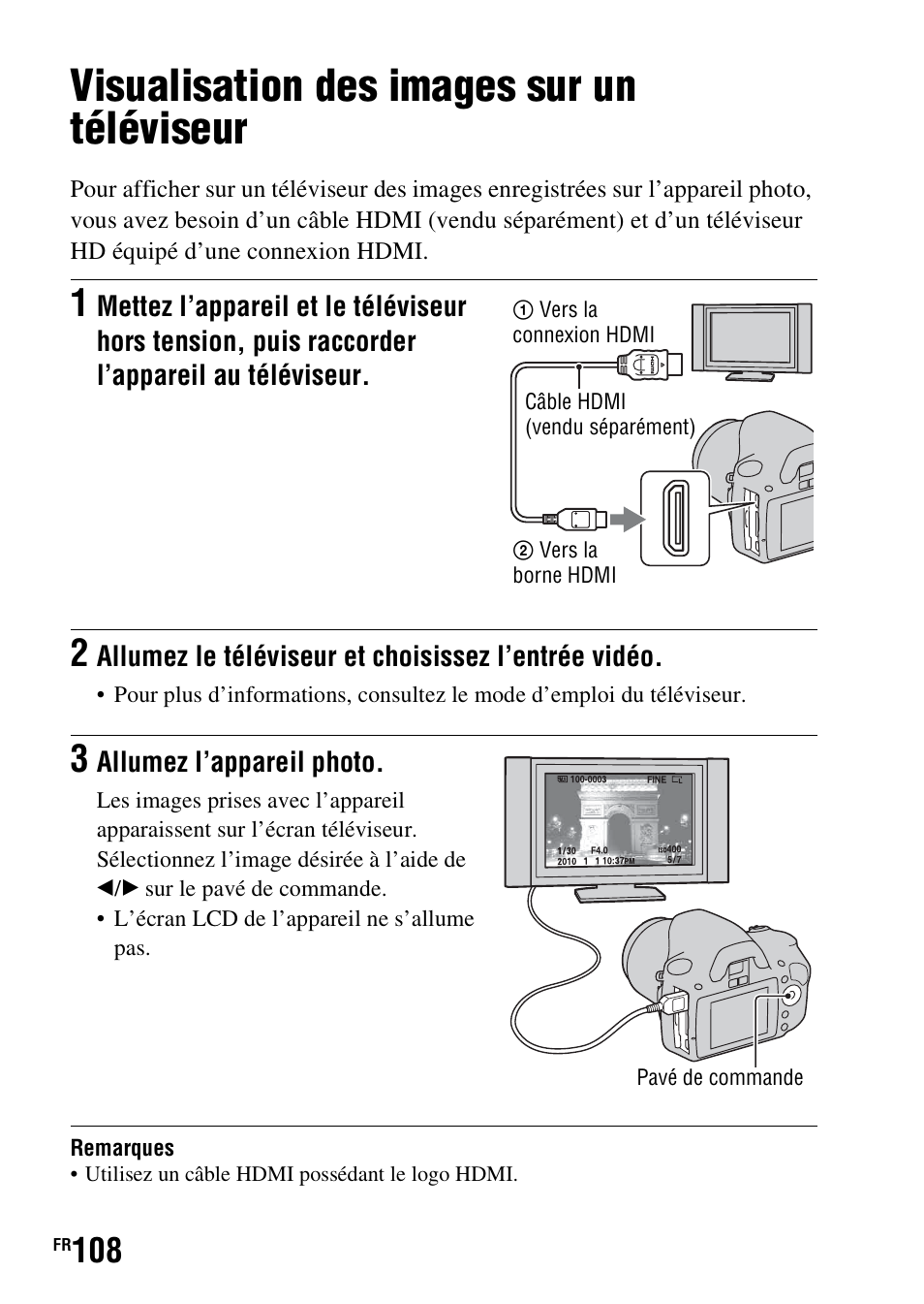 Visualisation des images sur un téléviseur, Hdmi (108) | Sony DSLR-A290 User Manual | Page 108 / 343
