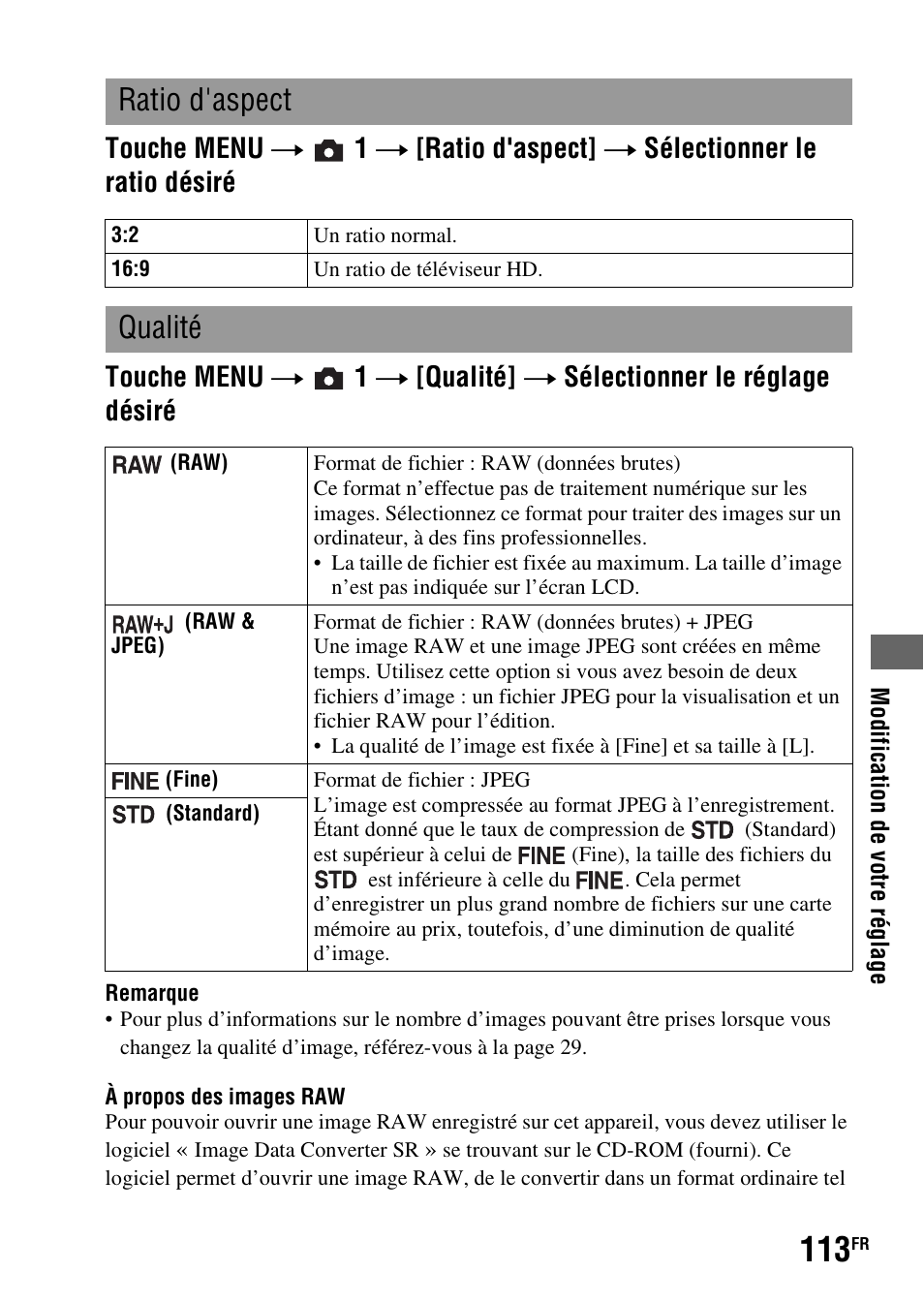 Image (113), Pect 16:9 (113), Ratio d'aspect | Qualité | Sony DSLR-A290 User Manual | Page 113 / 343