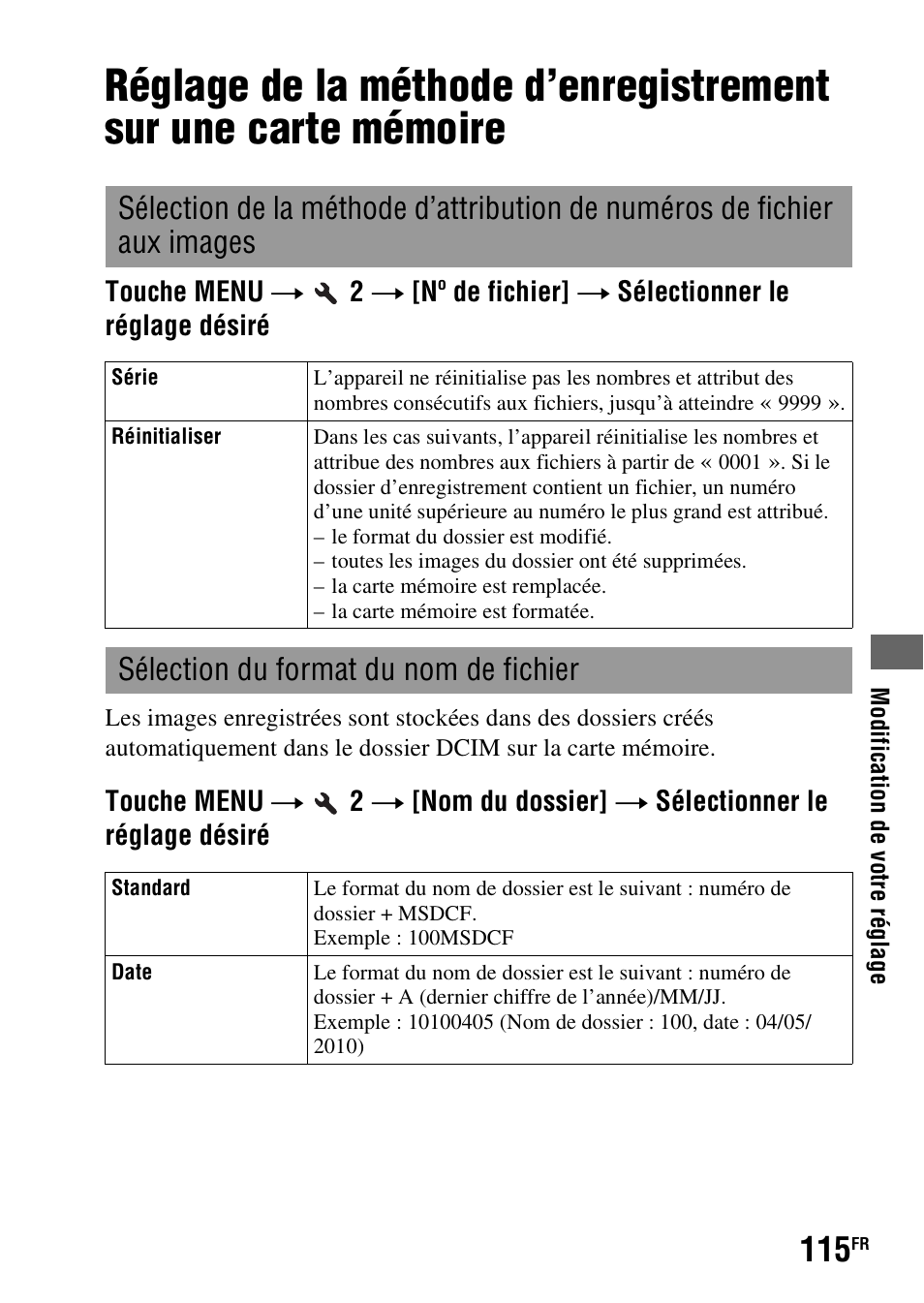Mémoire, R (115), Sélection du format du nom de fichier | Sony DSLR-A290 User Manual | Page 115 / 343