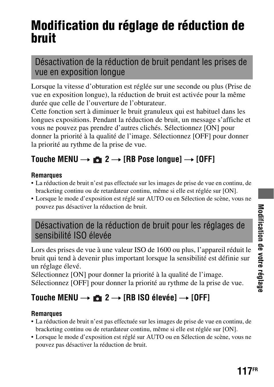 Modification du réglage de réduction de bruit, Ue (117), Élevée (117) | Sony DSLR-A290 User Manual | Page 117 / 343
