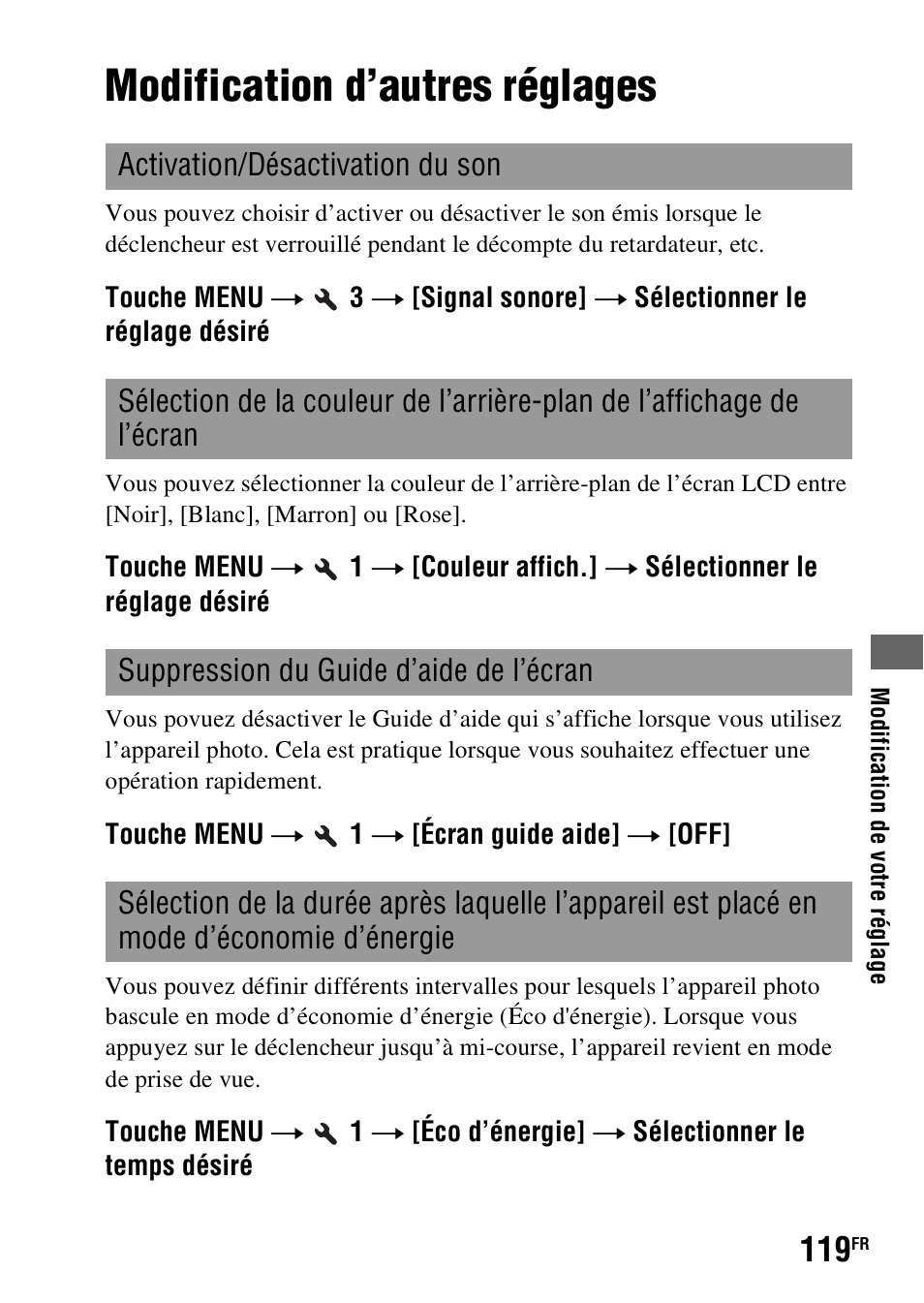 Modification d’autres réglages | Sony DSLR-A290 User Manual | Page 119 / 343