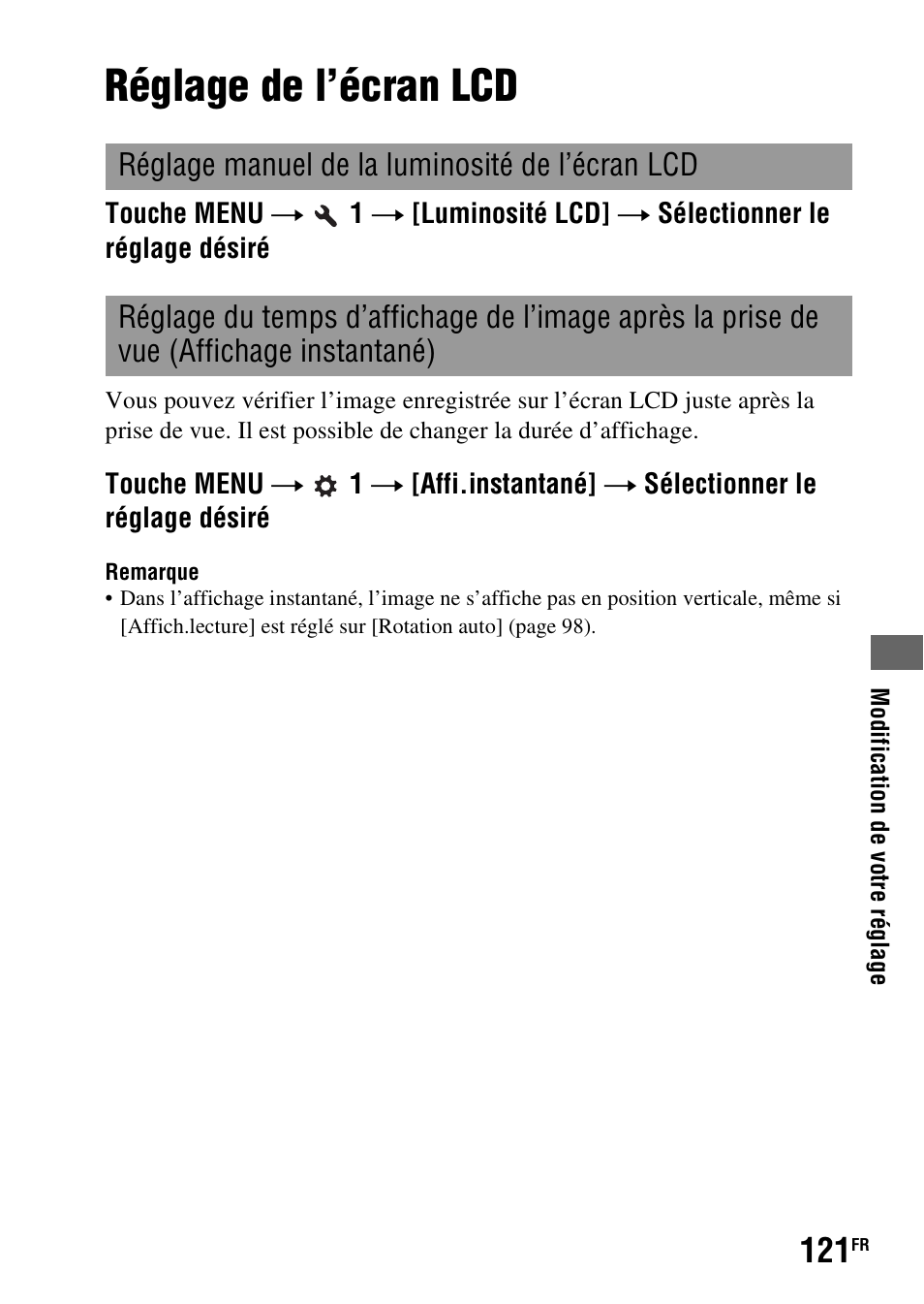 Réglage de l’écran lcd, Ané (121), D (121) | Sony DSLR-A290 User Manual | Page 121 / 343