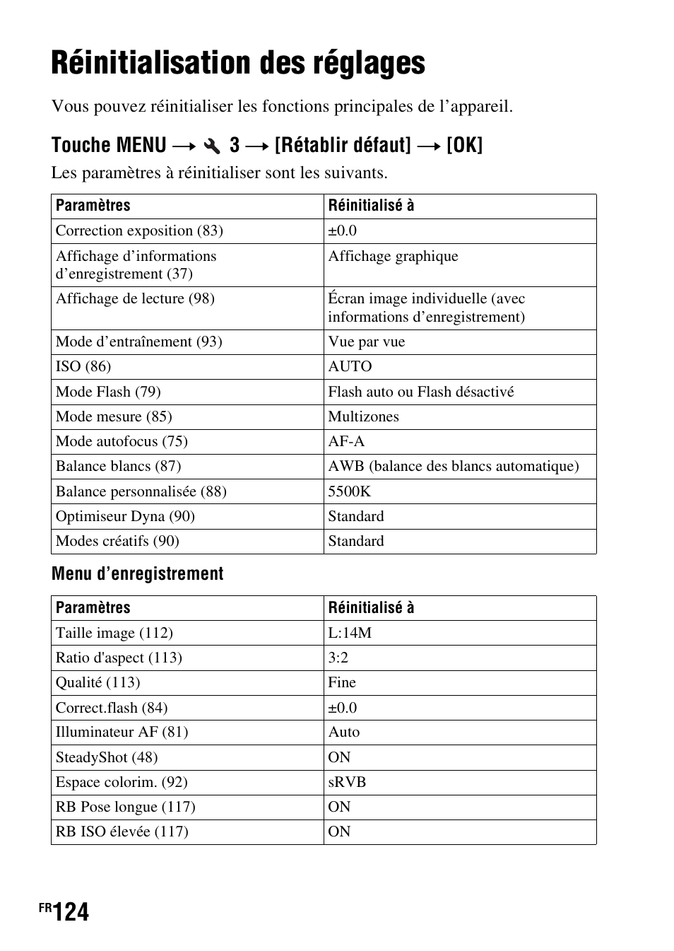 Réinitialisation des réglages, Touche menu t 3 t [rétablir défaut] t [ok | Sony DSLR-A290 User Manual | Page 124 / 343