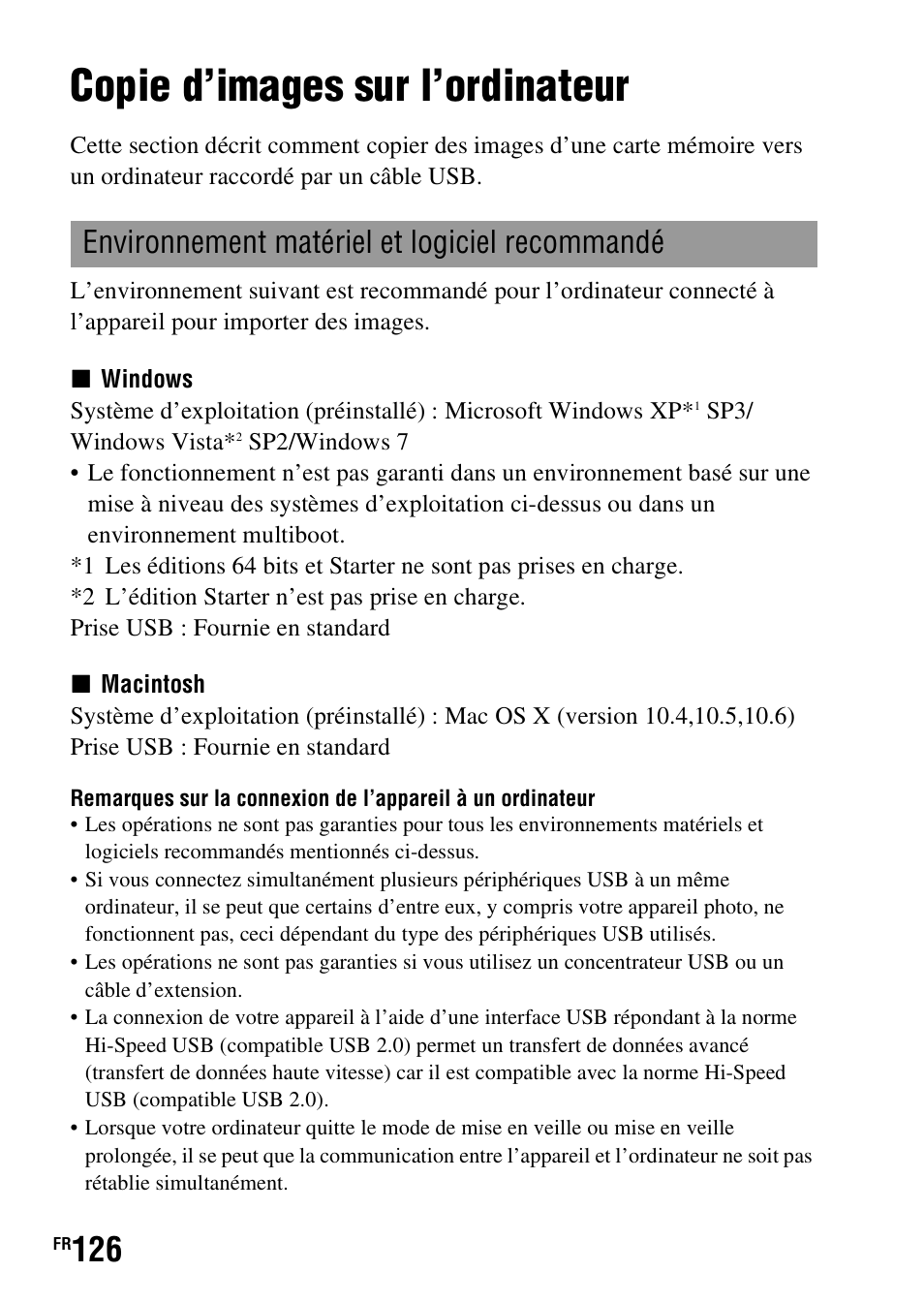 Visualisation d’images sur un ordinateur, Copie d’images sur l’ordinateur, Environnement matériel et logiciel recommandé | Sony DSLR-A290 User Manual | Page 126 / 343