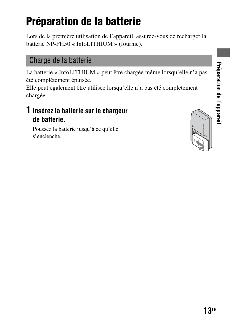 Préparation de la batterie, Charge de la batterie | Sony DSLR-A290 User Manual | Page 13 / 343