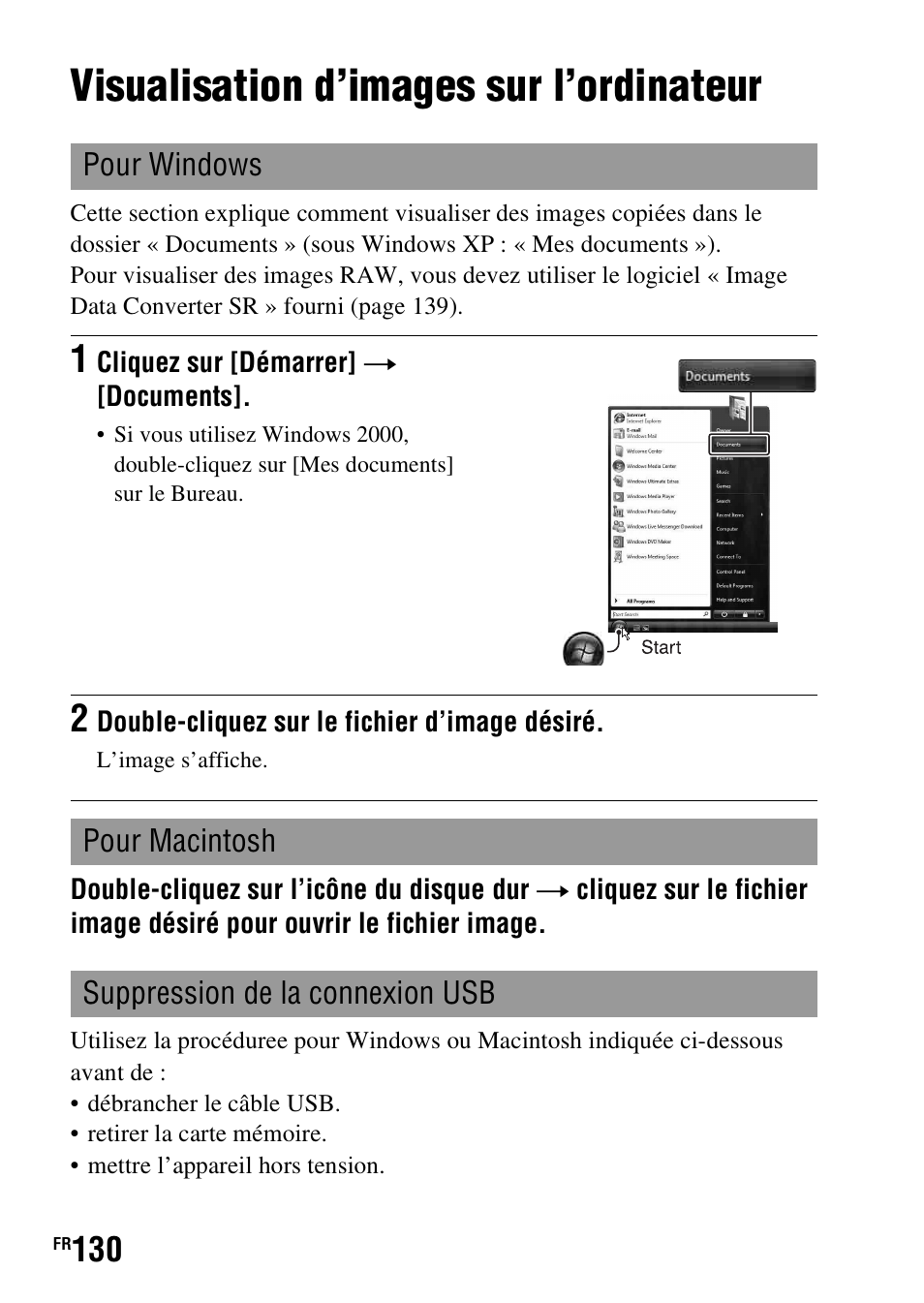 Visualisation d’images sur l’ordinateur | Sony DSLR-A290 User Manual | Page 130 / 343