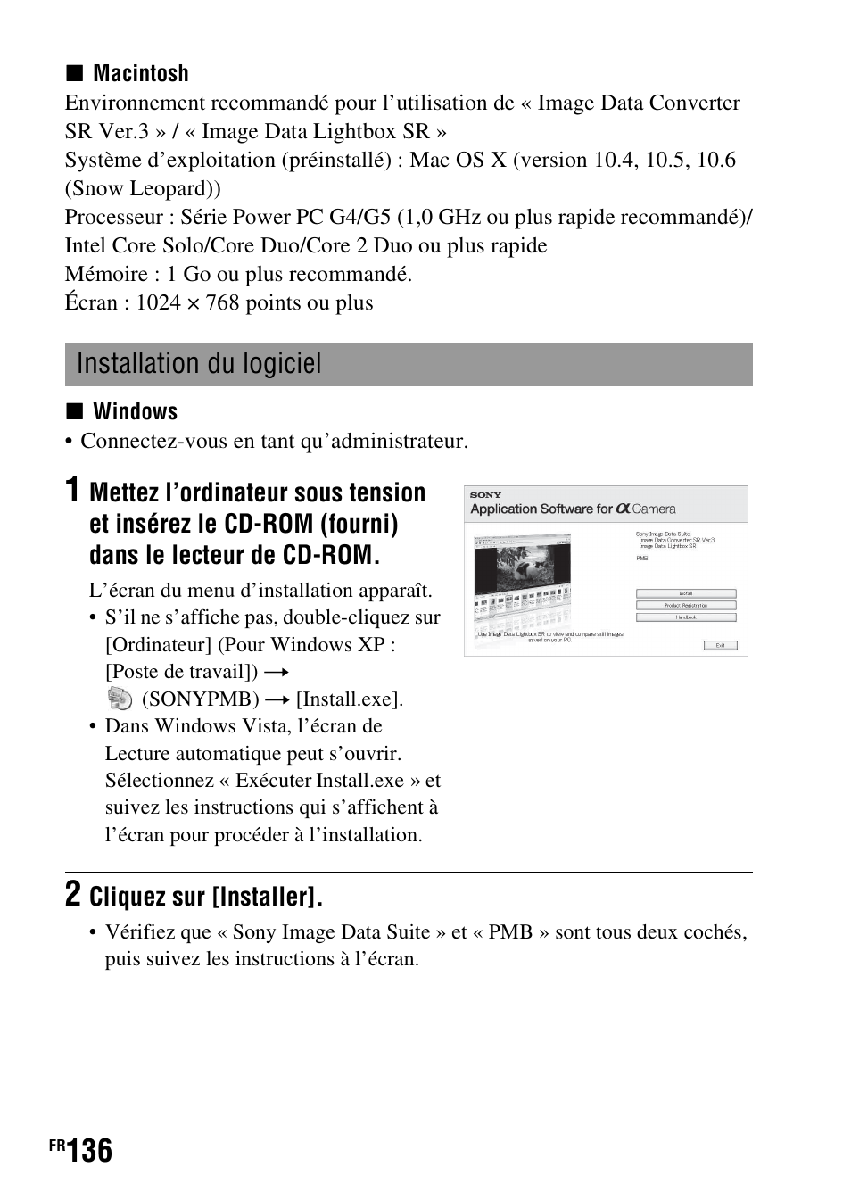 Installation du logiciel | Sony DSLR-A290 User Manual | Page 136 / 343