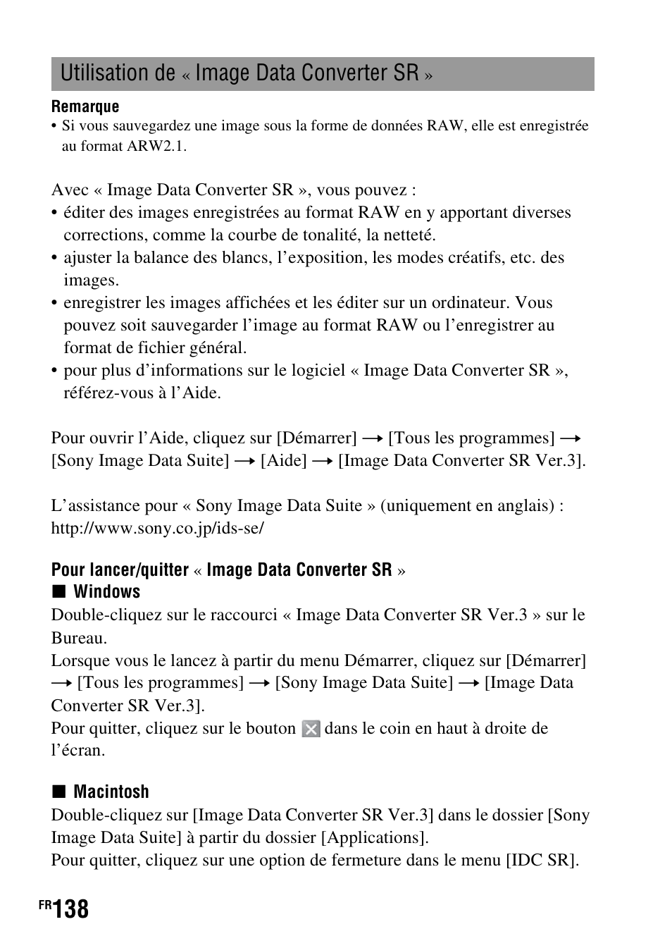 Utilisation de, Image data converter sr | Sony DSLR-A290 User Manual | Page 138 / 343