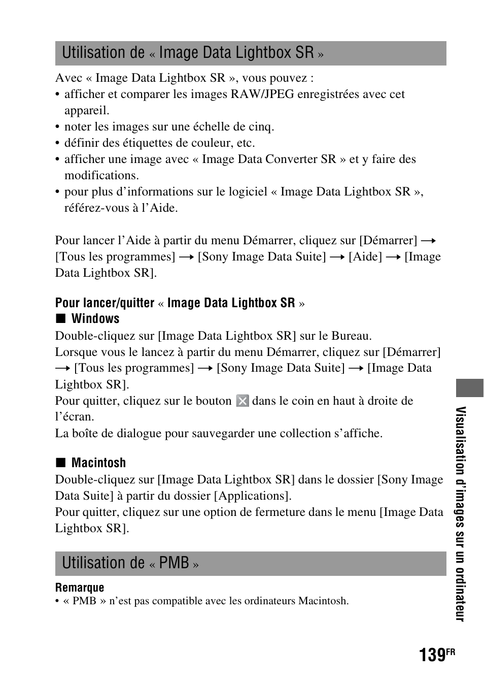 Utilisation de, Image data lightbox sr | Sony DSLR-A290 User Manual | Page 139 / 343