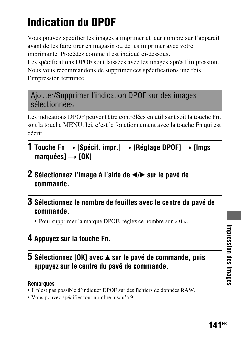 Impression des images, Indication du dpof, Of activé (141) | Sony DSLR-A290 User Manual | Page 141 / 343