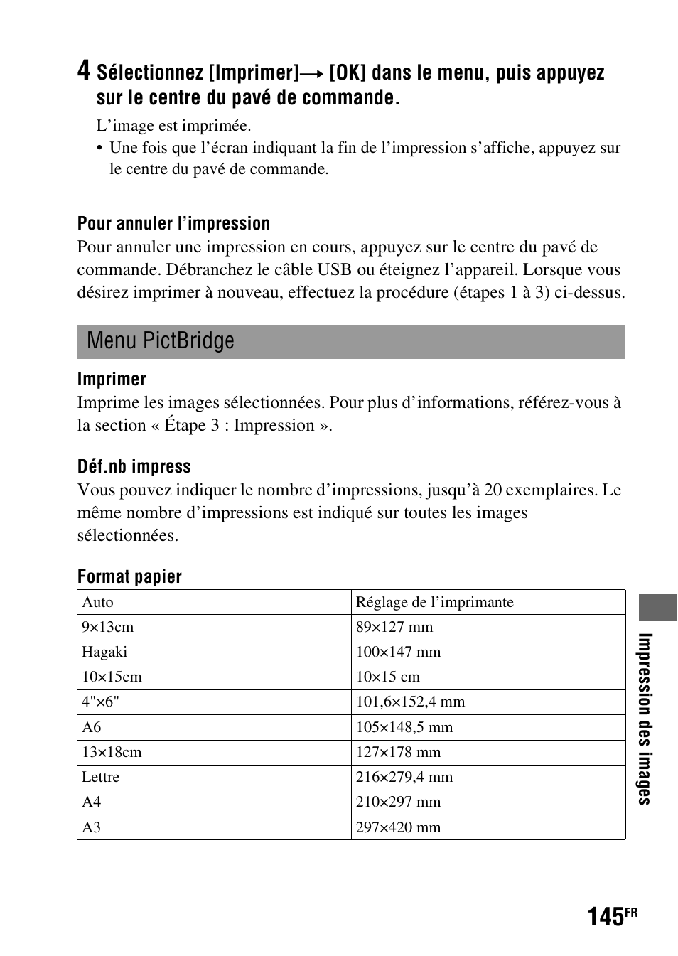 Menu pictbridge | Sony DSLR-A290 User Manual | Page 145 / 343