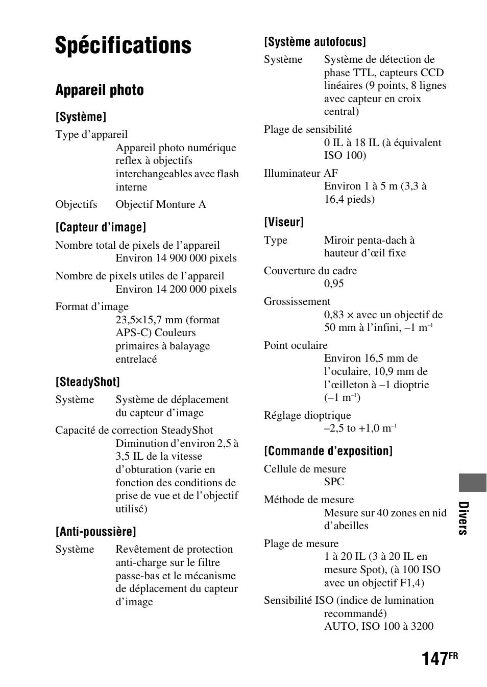 Divers, Spécifications, Appareil photo | Sony DSLR-A290 User Manual | Page 147 / 343