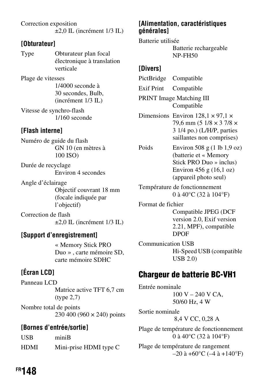 Chargeur de batterie bc-vh1 | Sony DSLR-A290 User Manual | Page 148 / 343