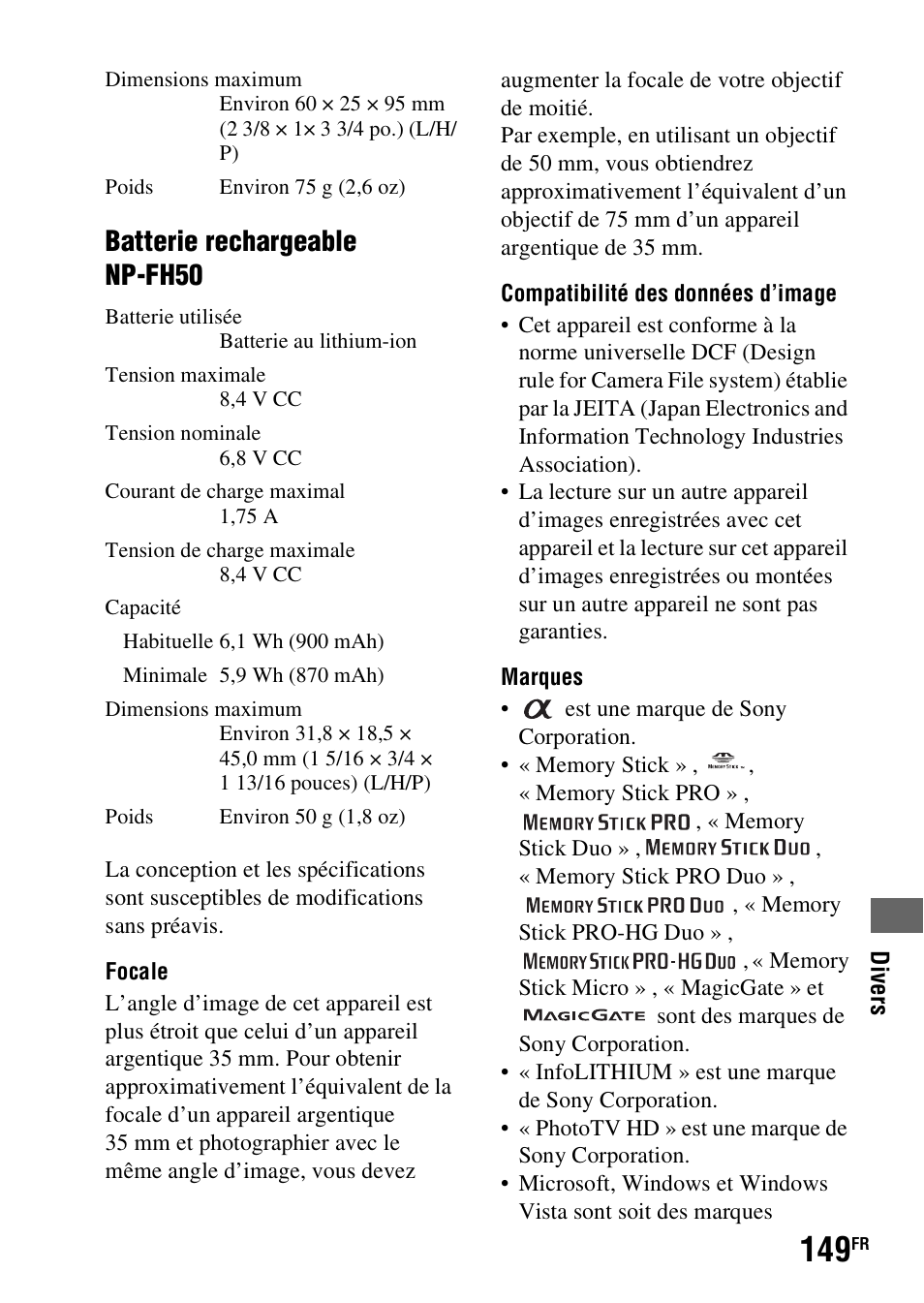 Le (149), Batterie rechargeable np-fh50 | Sony DSLR-A290 User Manual | Page 149 / 343