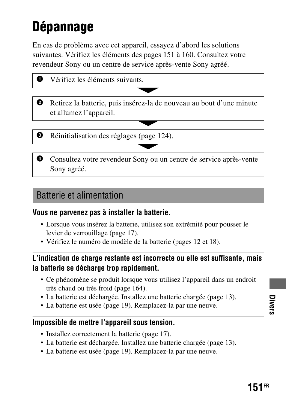 Dépannage, Batterie et alimentation | Sony DSLR-A290 User Manual | Page 151 / 343