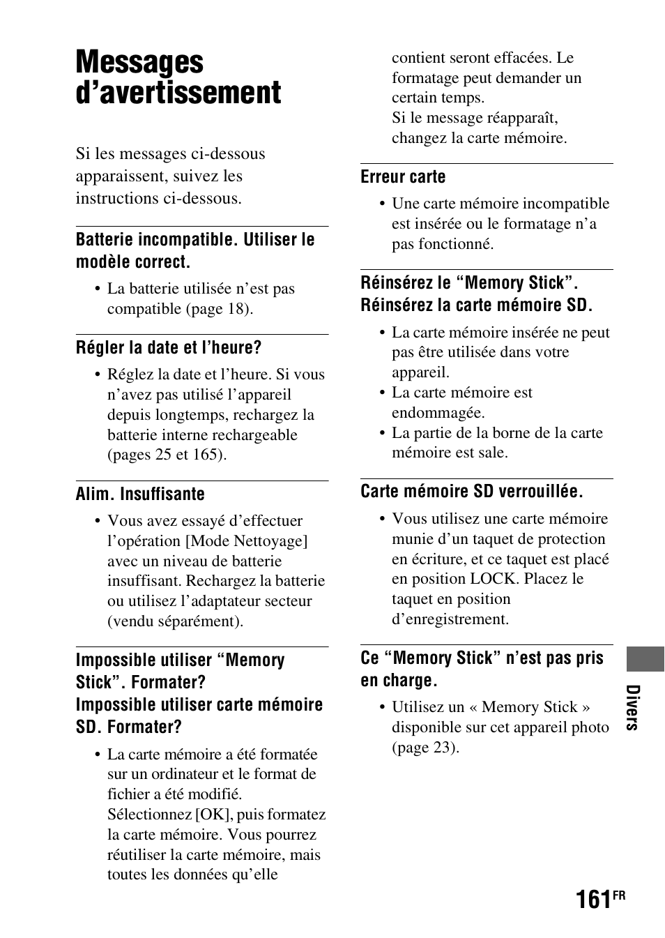 Messages d’avertissement | Sony DSLR-A290 User Manual | Page 161 / 343