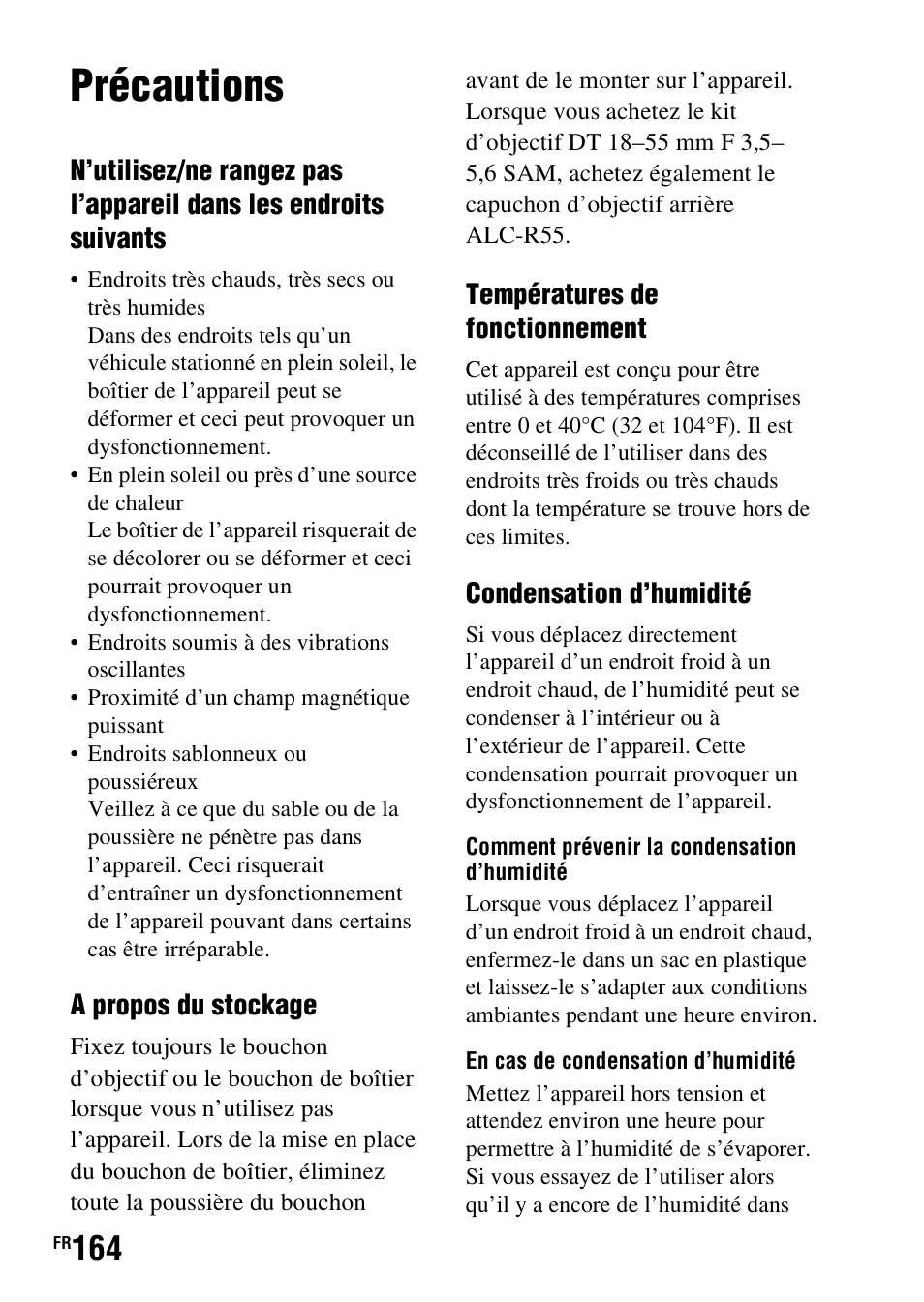 Précautions | Sony DSLR-A290 User Manual | Page 164 / 343