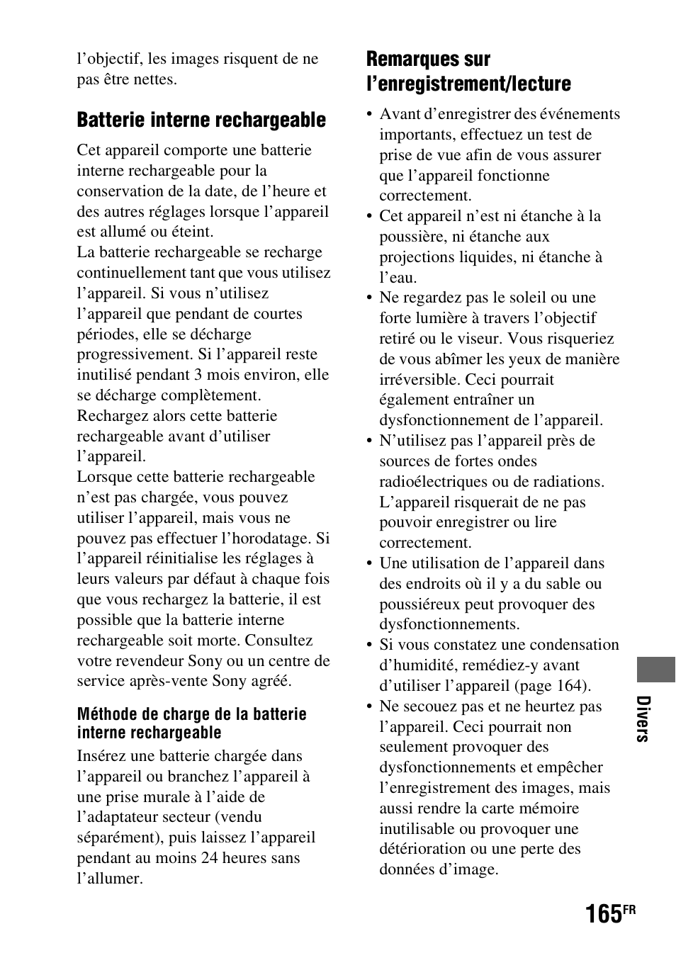 Batterie interne rechargeable, Remarques sur l’enregistrement/lecture | Sony DSLR-A290 User Manual | Page 165 / 343