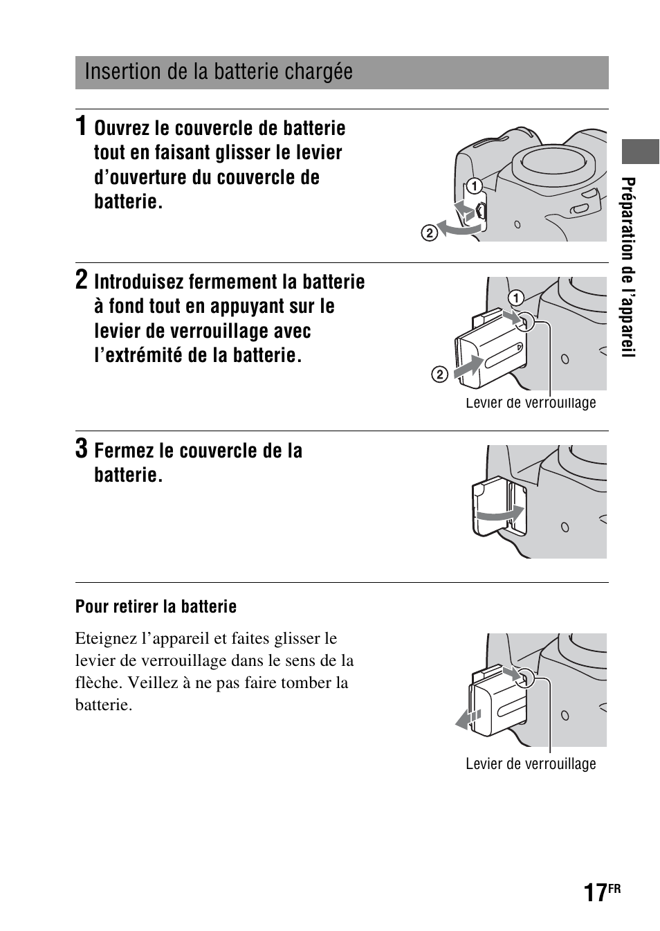 Insertion de la batterie chargée | Sony DSLR-A290 User Manual | Page 17 / 343