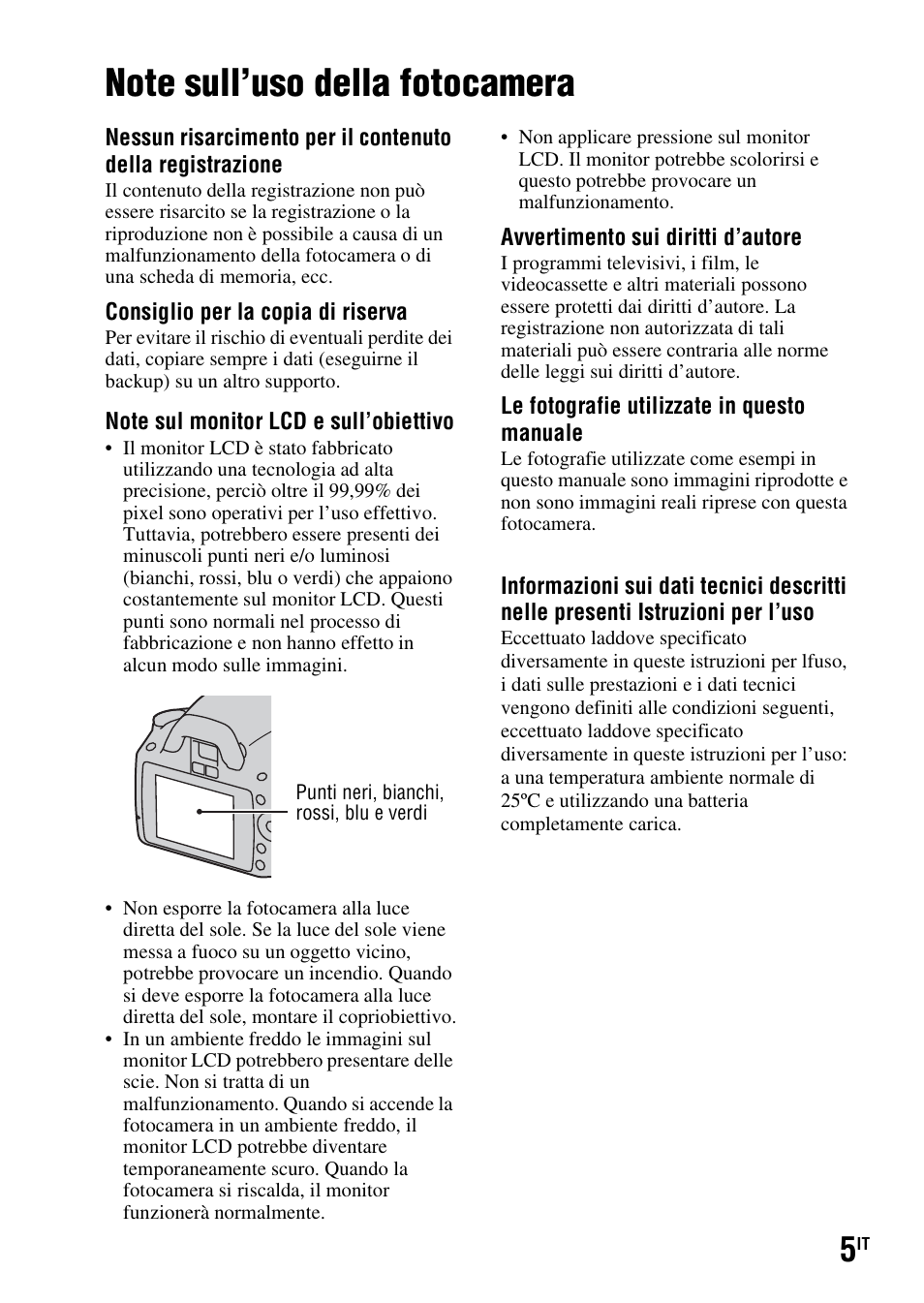 Note sull’uso della fotocamera | Sony DSLR-A290 User Manual | Page 173 / 343