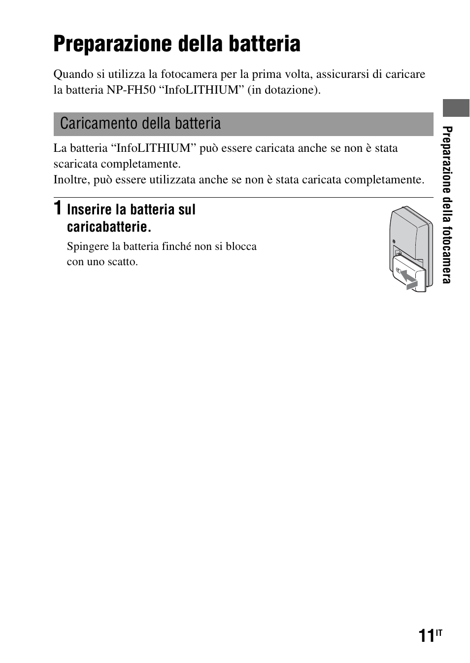 Preparazione della batteria, Caricamento della batteria | Sony DSLR-A290 User Manual | Page 179 / 343