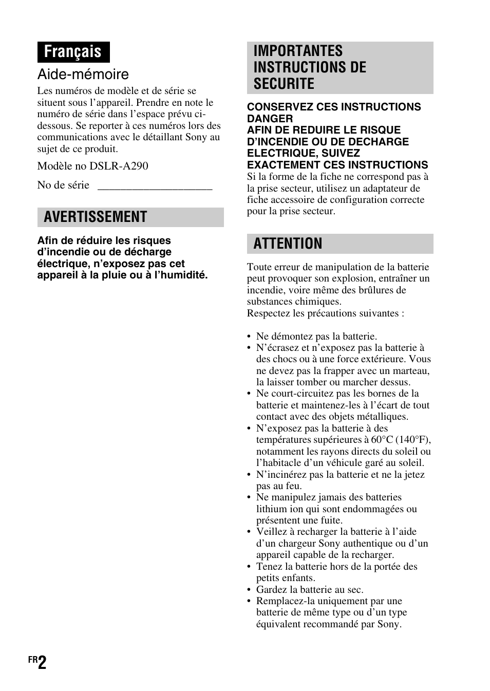 Français, Aide-mémoire | Sony DSLR-A290 User Manual | Page 2 / 343