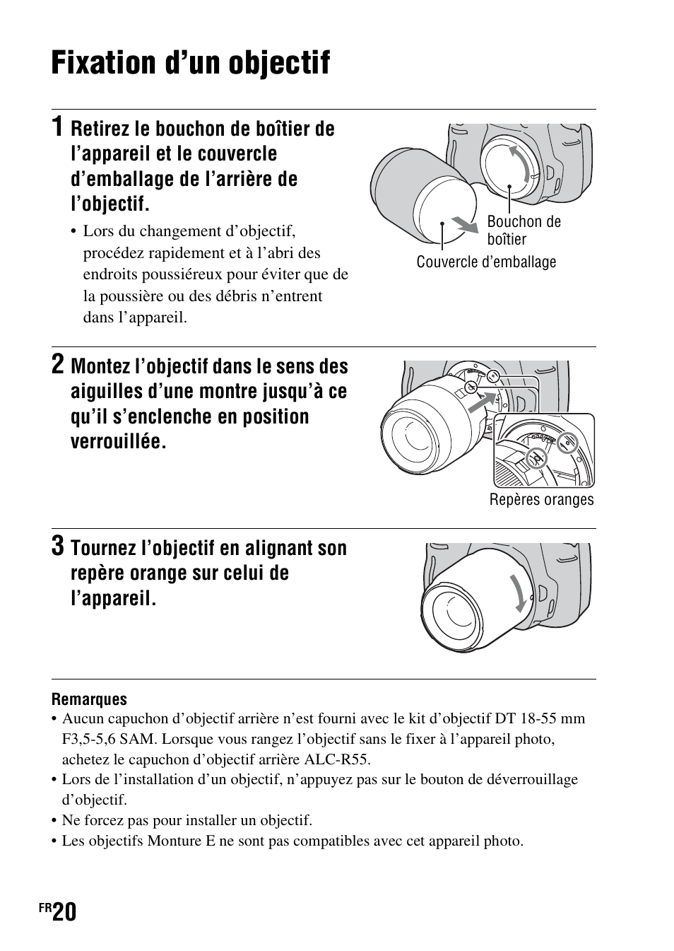Fixation d’un objectif | Sony DSLR-A290 User Manual | Page 20 / 343