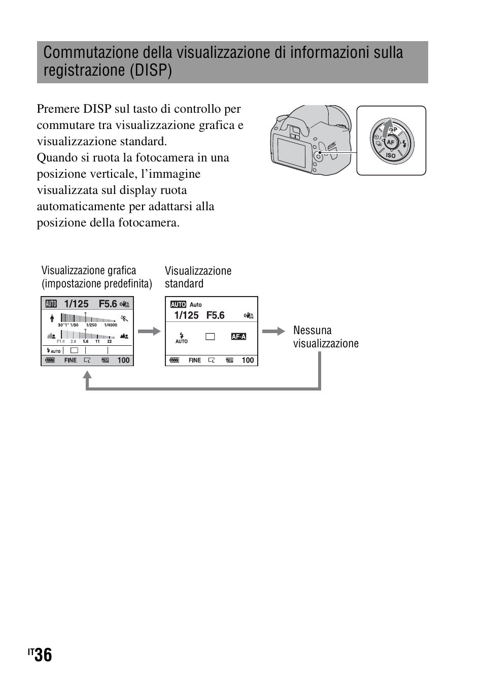 Commutazione della visualizzazione di informazioni, Sulla registrazione (disp), Sp (36 | Sony DSLR-A290 User Manual | Page 204 / 343