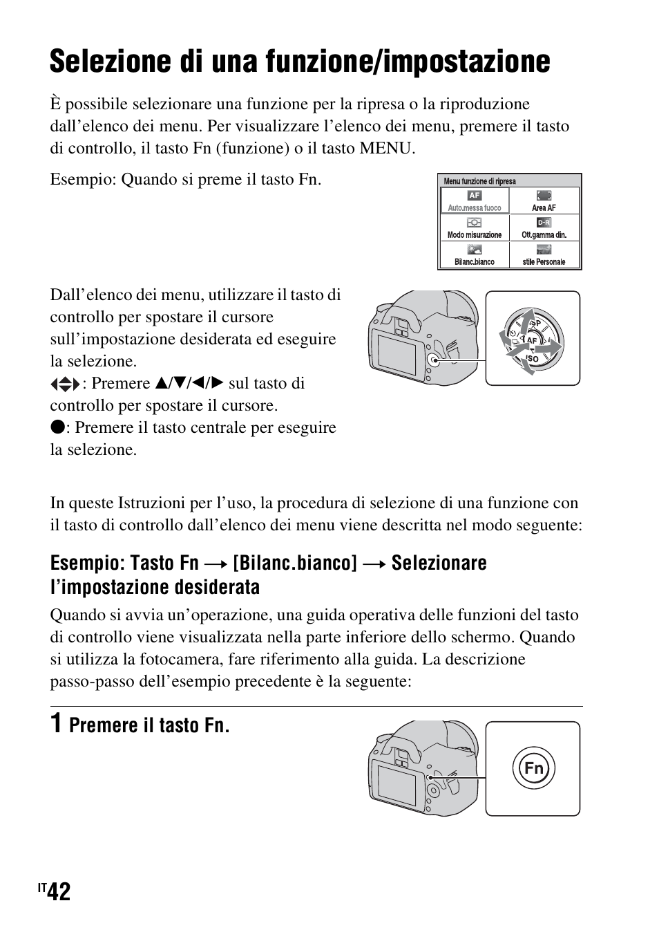 Selezione di una funzione/impostazione | Sony DSLR-A290 User Manual | Page 210 / 343