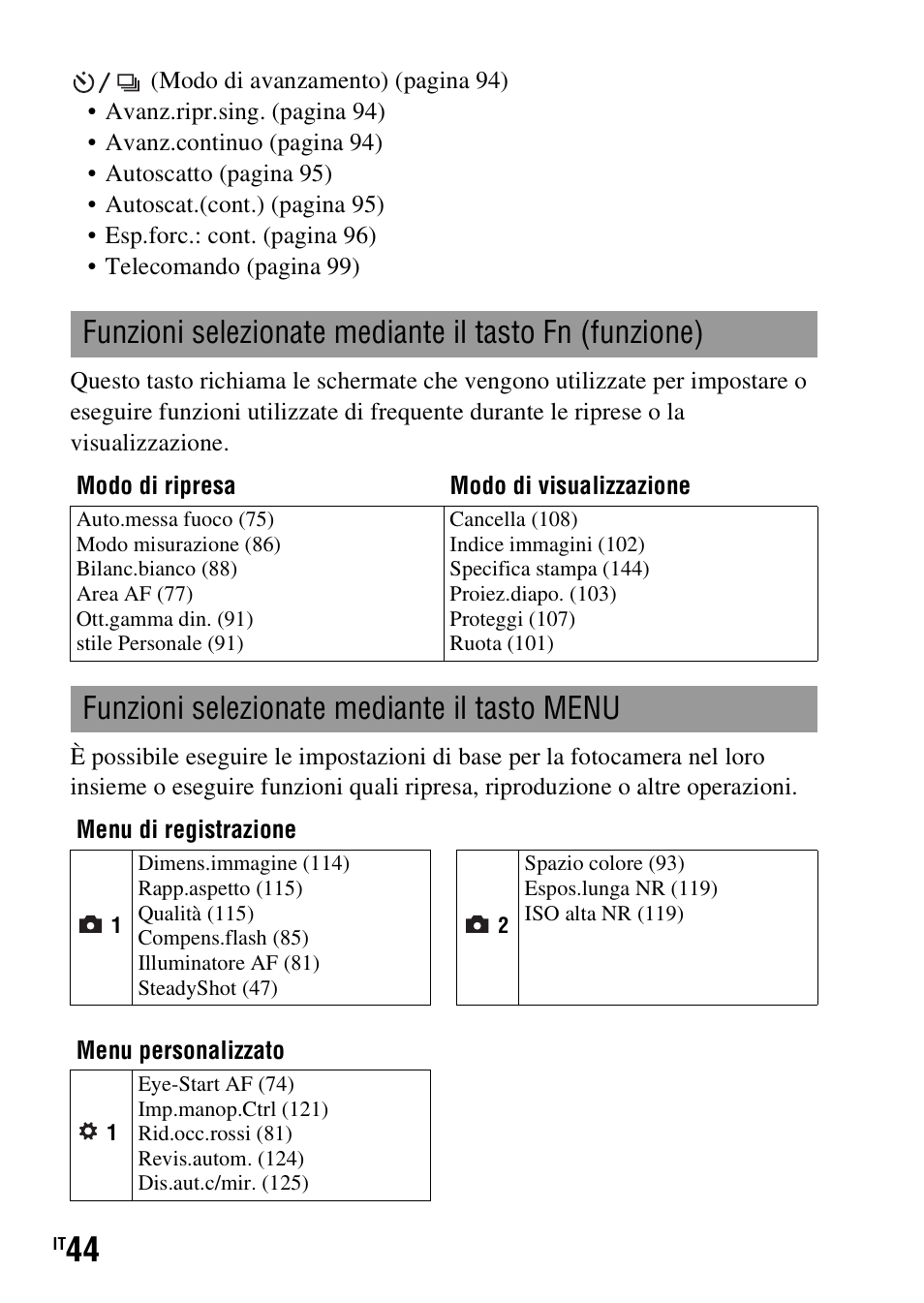 Funzioni selezionate mediante il tasto menu, Menu (44), E) (44) | Sony DSLR-A290 User Manual | Page 212 / 343