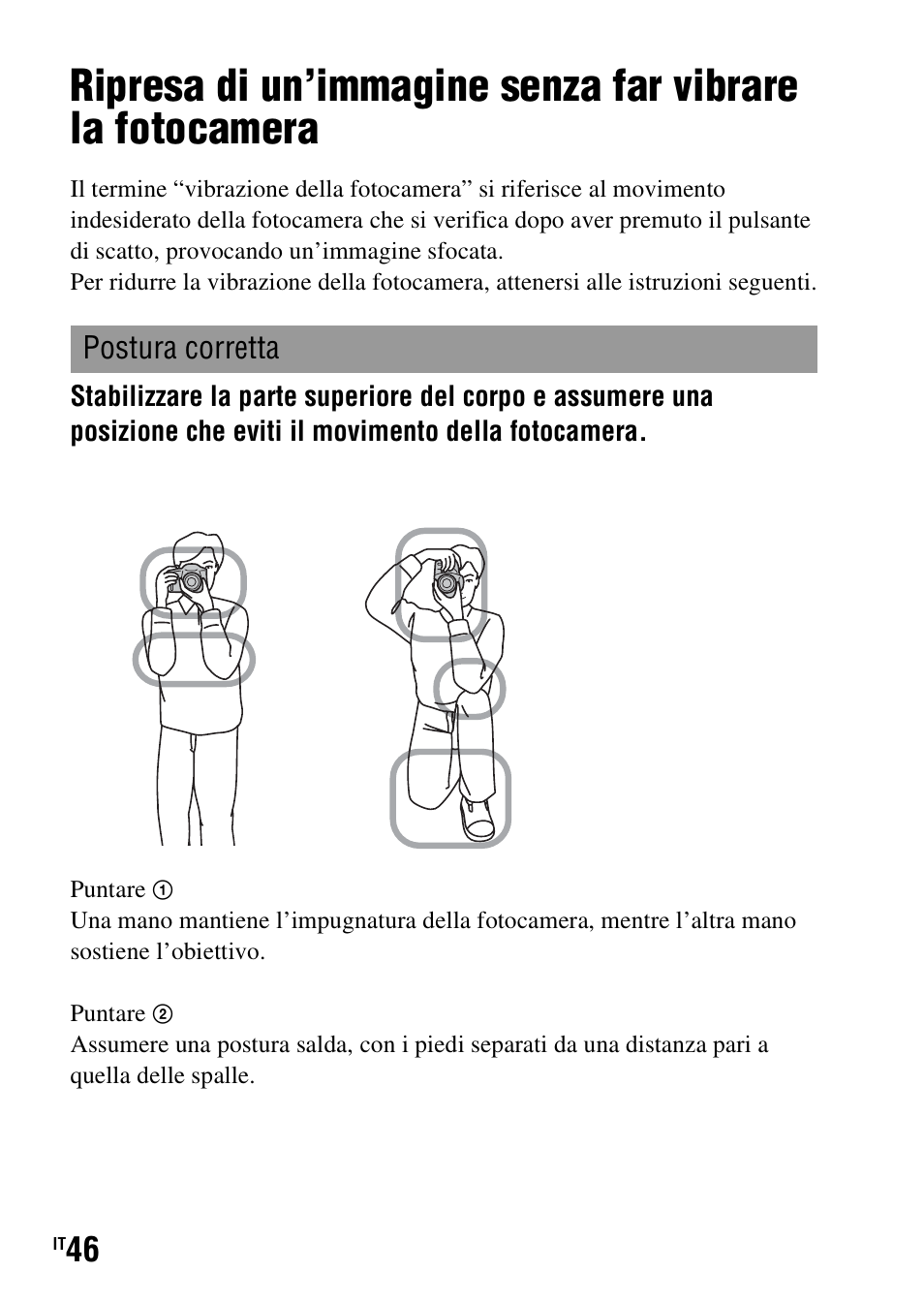 Ripresa delle immagini, Postura corretta | Sony DSLR-A290 User Manual | Page 214 / 343