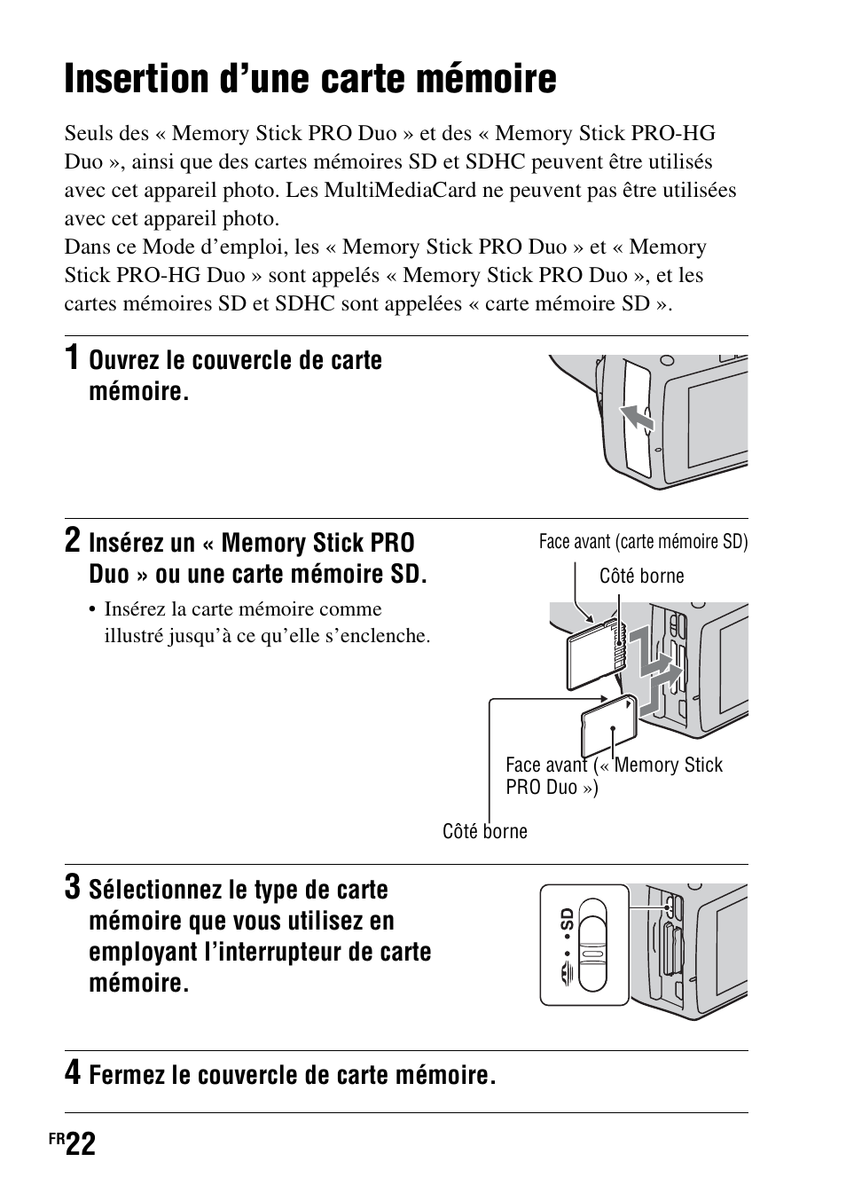 Insertion d’une carte mémoire | Sony DSLR-A290 User Manual | Page 22 / 343